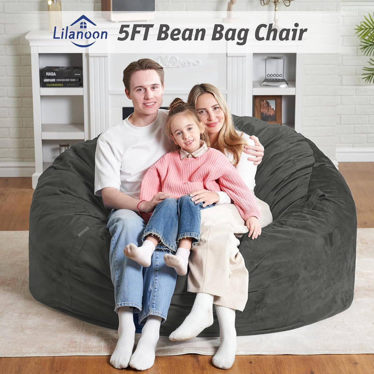 5FT Bean Bag Chair with Ultra Soft Velvet Cover Bean Bag Sofa with Memory Foam Bean Bag Chairs with Large Size Lazy Sofa for Dorm Office Living Room Bedroom Grey 5'
