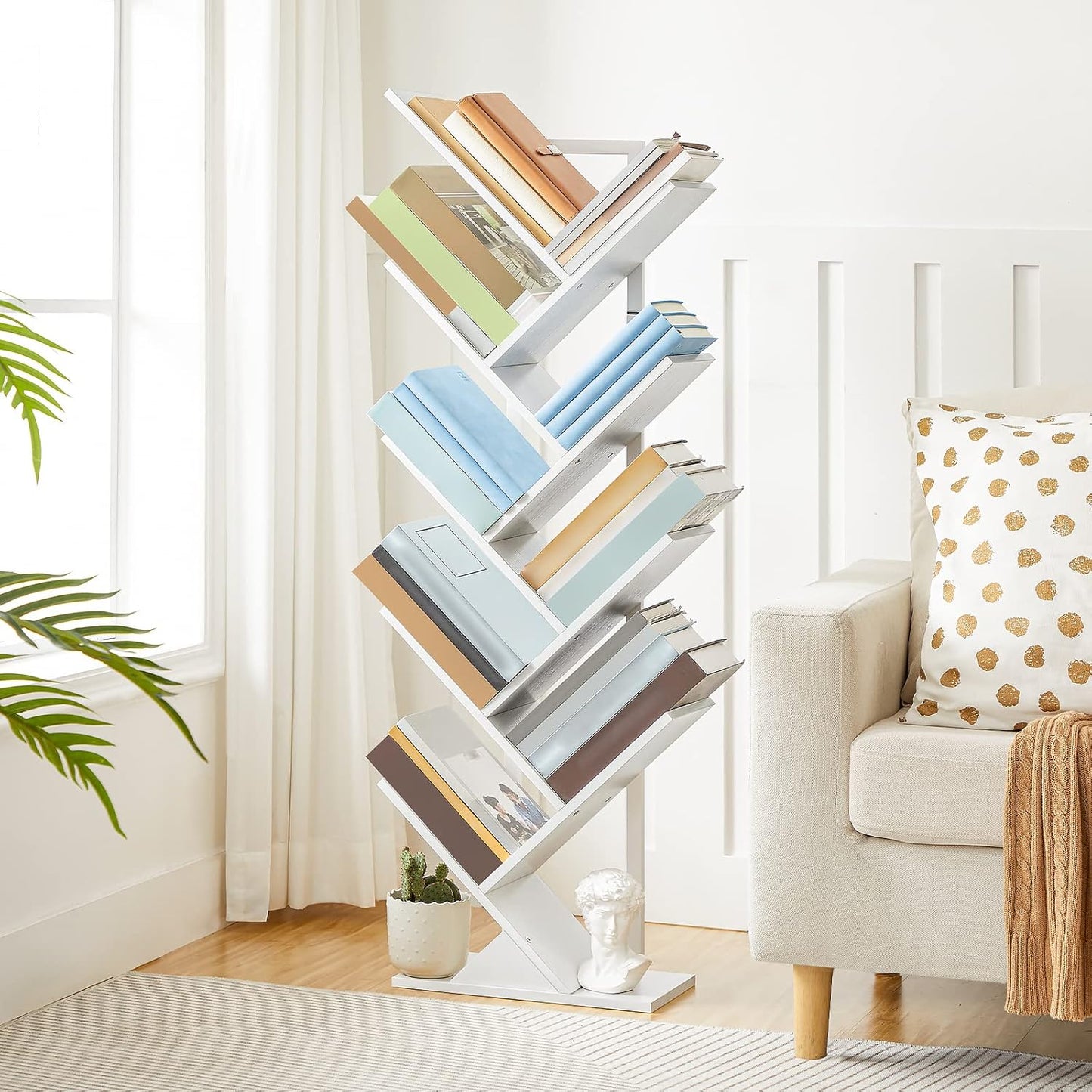 HOOBRO Tree Bookshelf, 9-Tier Bookcase Wooden Shelves, Floor Standing Storage Rack, for Display of CDs, Books in Living Room, Home Office, Wood Storage Rack for Bedroom, White WT08SJ01G1