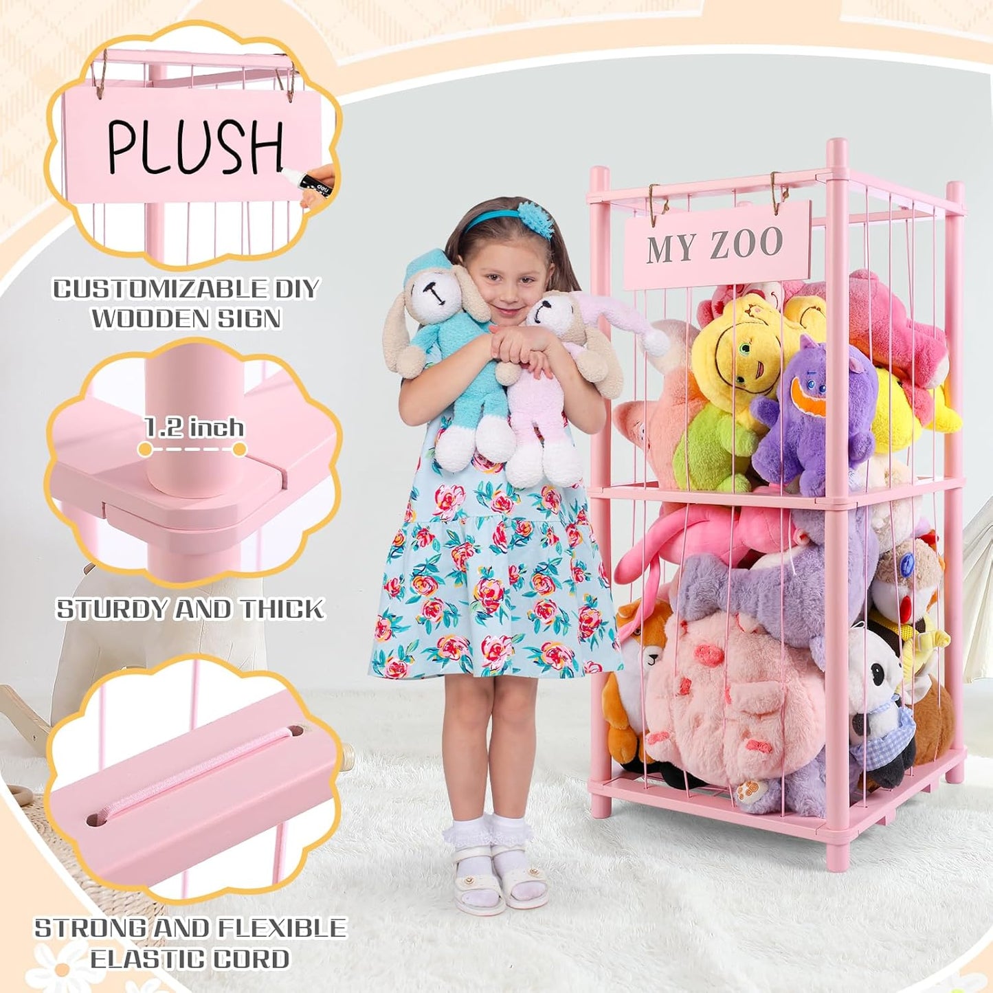 Stuffed Animal Storage Zoo, Wooden Stuffed Animal Organizer with Elastic Cords for Boys Girls, Space Saving Toy Plushies Storage Holder for Playroom, Bedroom, Living Room (Pink, Small)