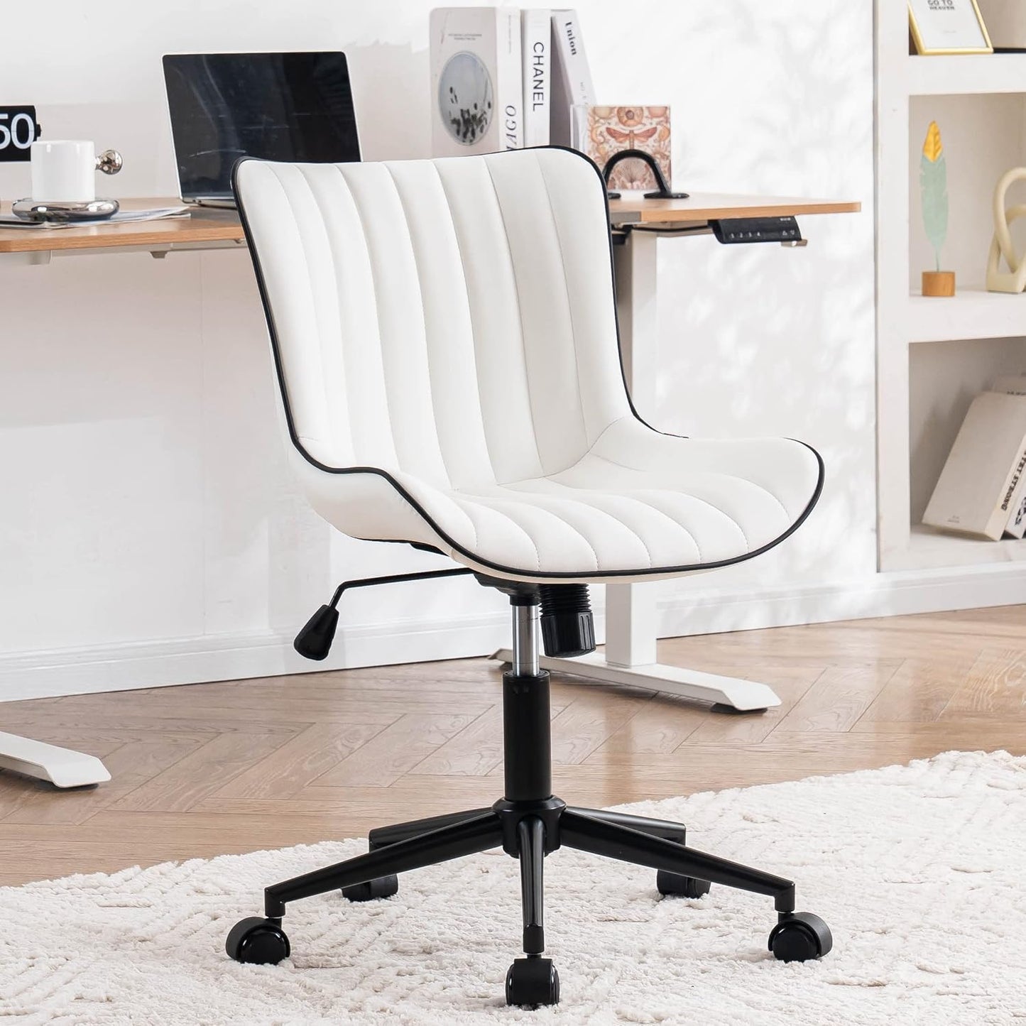 YOUNIKE Ergonomic Home Office Desk Chair with Wheels White Comfy Armless Vanity Chair with Back Modern Faux Leather Upholstered Task Chair Small Cute Rolling Drafting Chair No Arms Adjustable Swivel