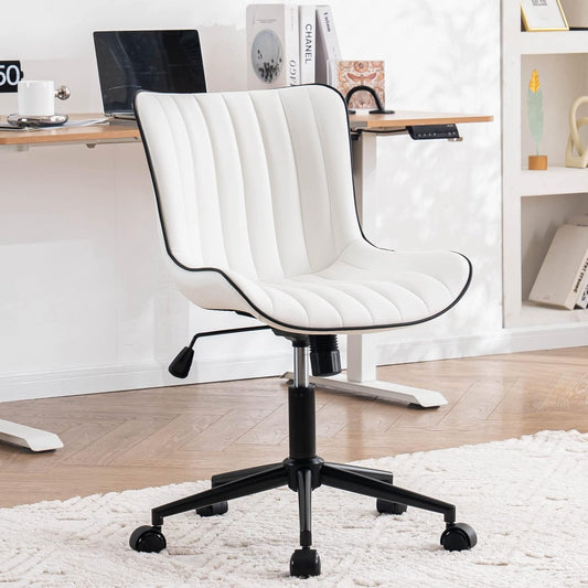 YOUNIKE Ergonomic Home Office Desk Chair with Wheels White Comfy Armless Vanity Chair with Back Modern Faux Leather Upholstered Task Chair Small Cute Rolling Drafting Chair No Arms Adjustable Swivel