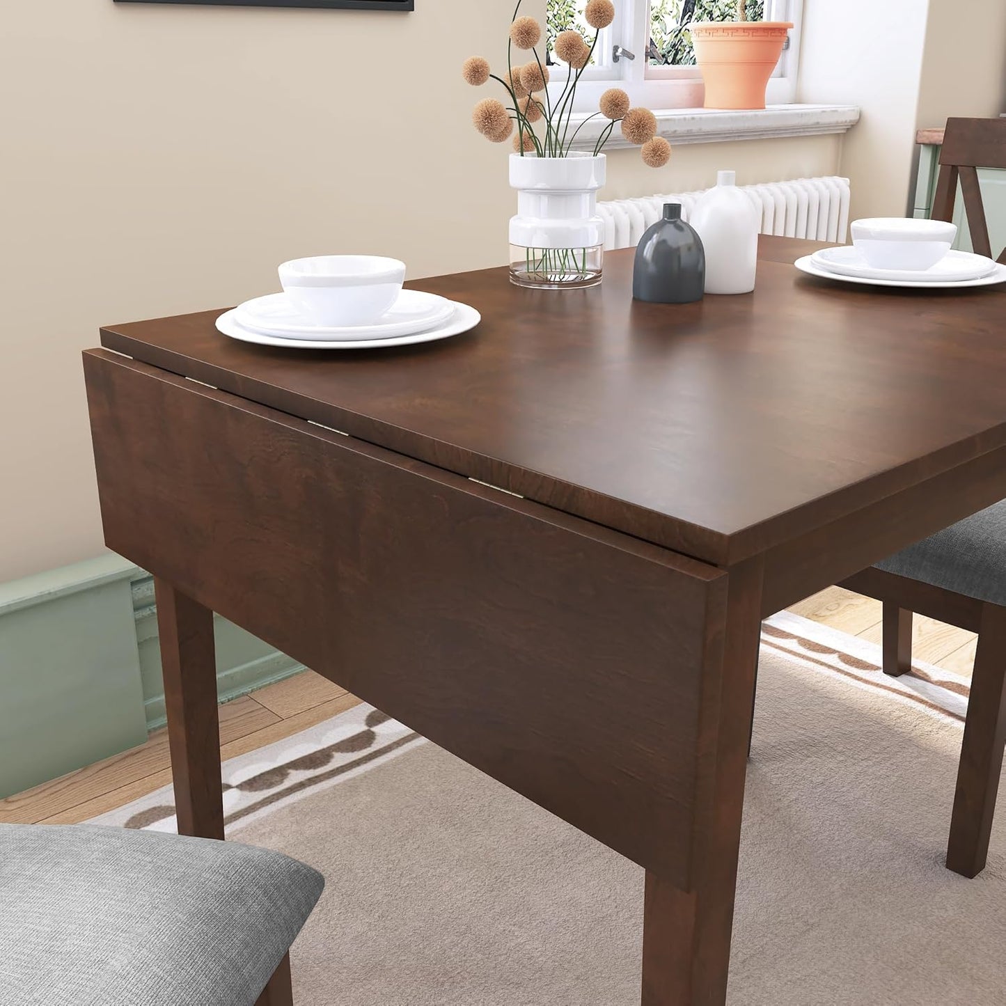 Merax Farmhouse Wooden Dining Set of 3, 45.6 inch Extendable Kitchen Table with Drop Leaf, 2 Chairs with Backrest for Small Space, Easy Assemble Brown