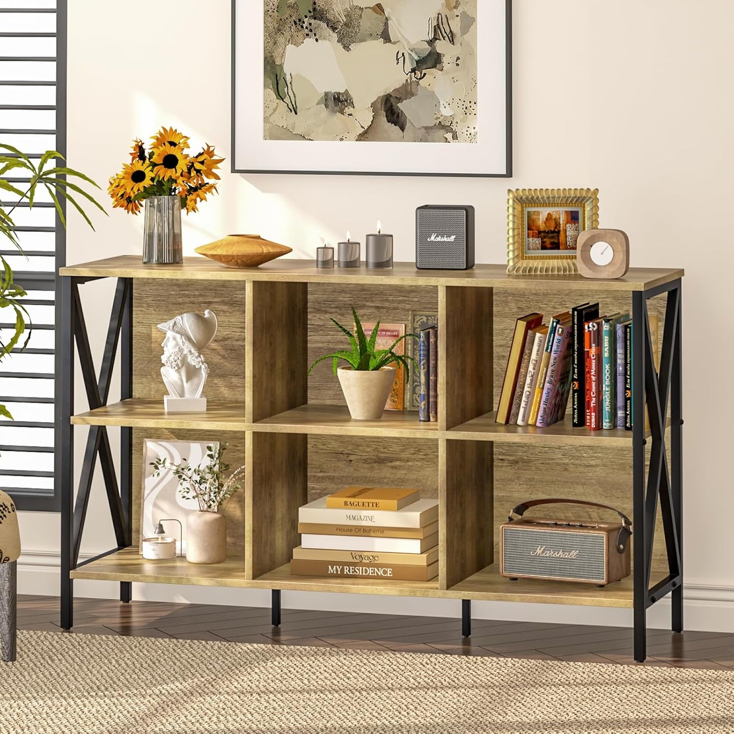Horizontal Bookshelf Bookcase,6 Cube Storage Organizer with Open Shelf,47 Inch Industrial Low Wide Wood and Metal Cubby shelf,Long shelving unit for Home Office Living Room(Rustic Oak,6 Cube)