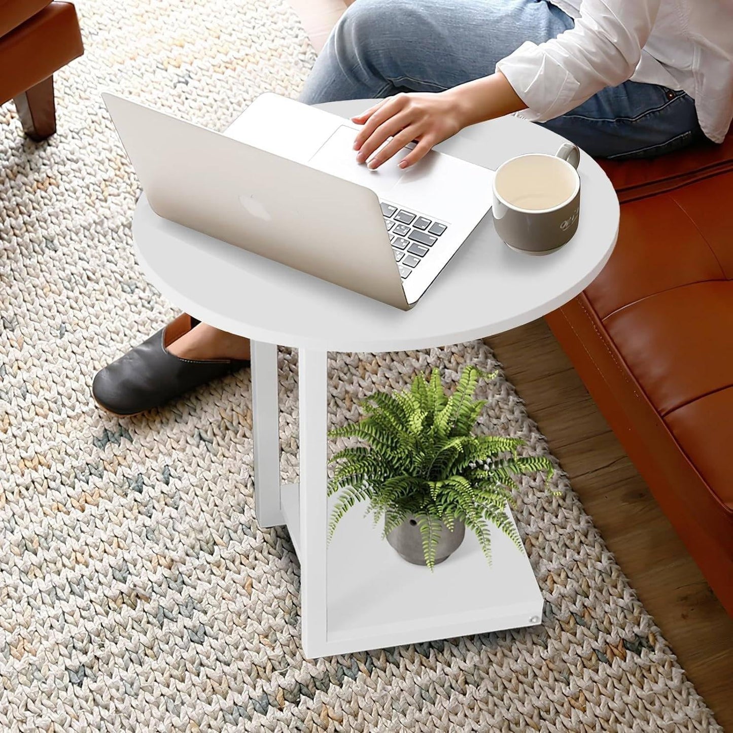 Hosfais Small Side Table End Table, C Shaped Oval Coffee Table, Wooden TV Tray for Living Room, Bedroom, Couch, Small Spaces (White)