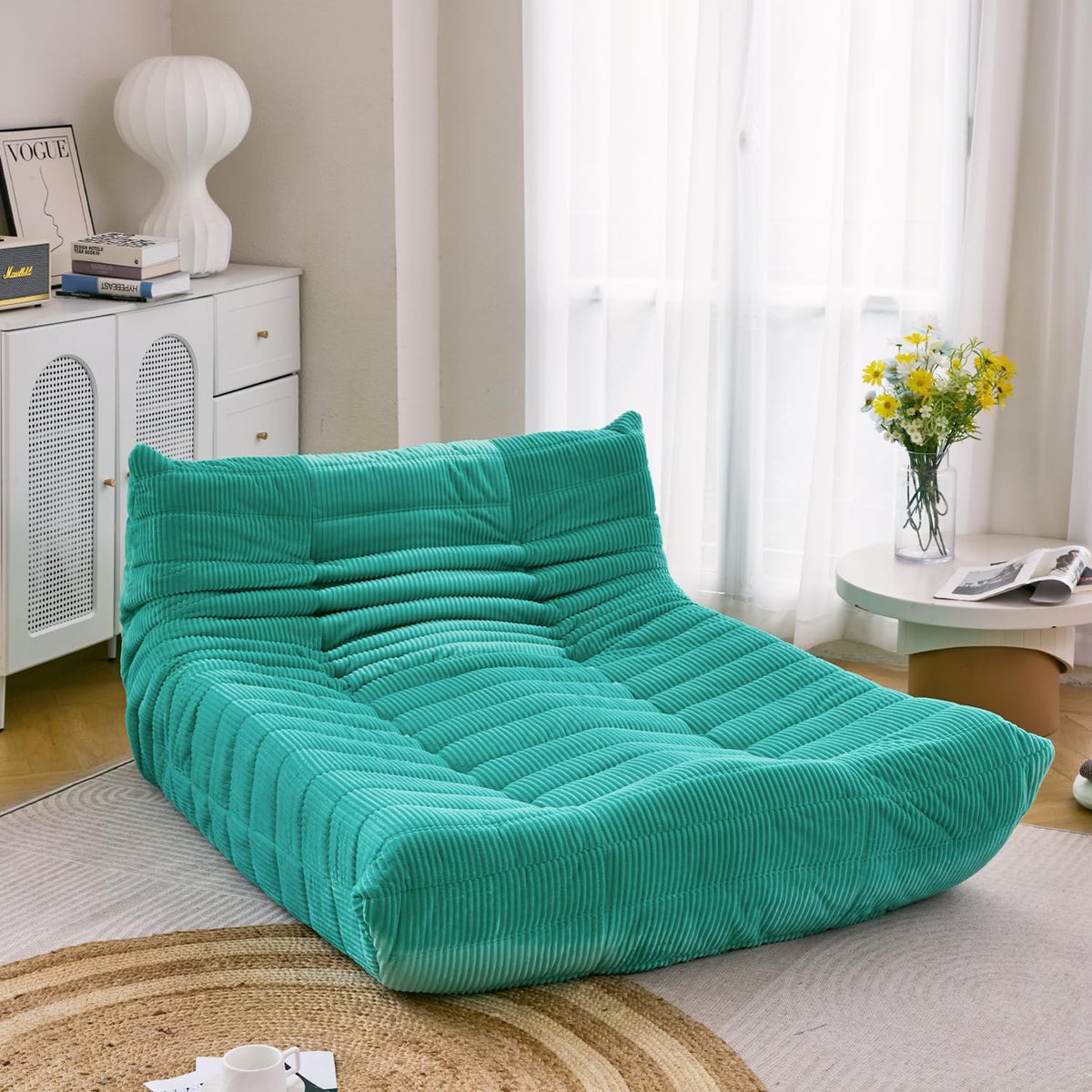 N&V Fireside Lounge Chaise Chair, Mid Century Armless Floor Lounger Sofa, Soft Premium Corduroy Floor Lounge Chair, Foam Sofa Accent Lounger for Living Room Bedroom and Office, Jade