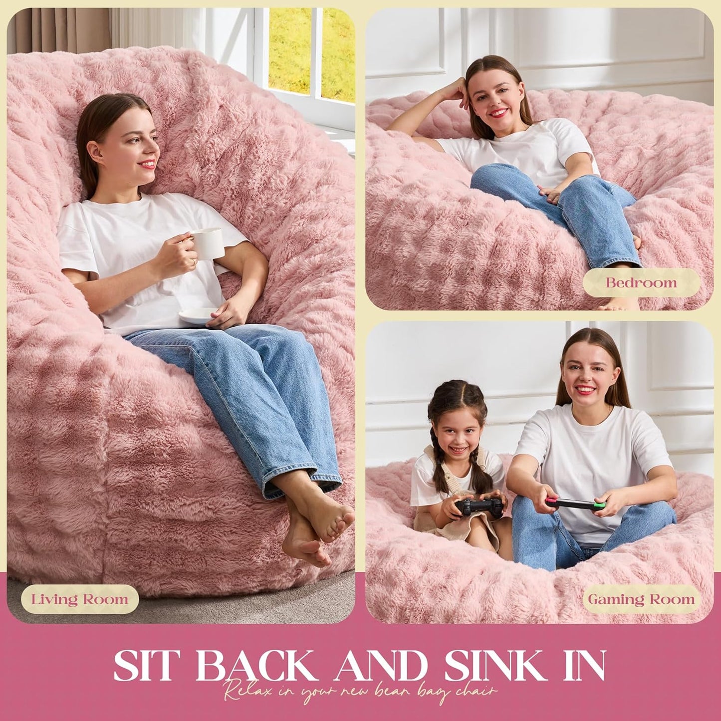 Hobestluk Bean Bag Chairs 6ft Beanbag Chair with Filler Adult Bean Bags with Fluffy & Machine Washable Cover, Giant Bean Bag Chairs for Aduts (Pink, 6FT-70" x 70" x 15")