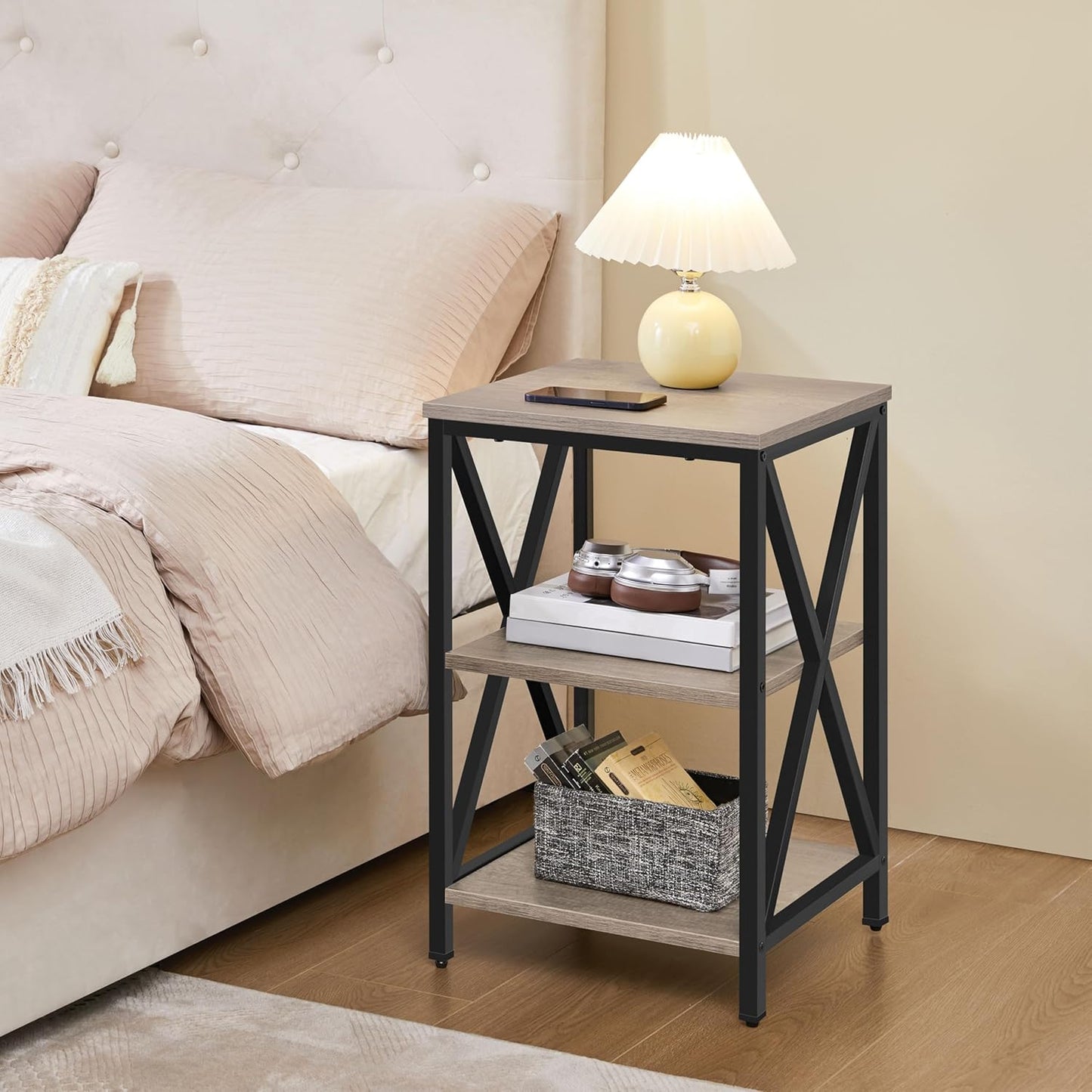 Yaheetech End Table Living Room, 3-Tier Side Table with Storage Shelves for Home Office, Industrial X Design Sofa Tables with Strong Metal Frame, Easy Assembly, Gray