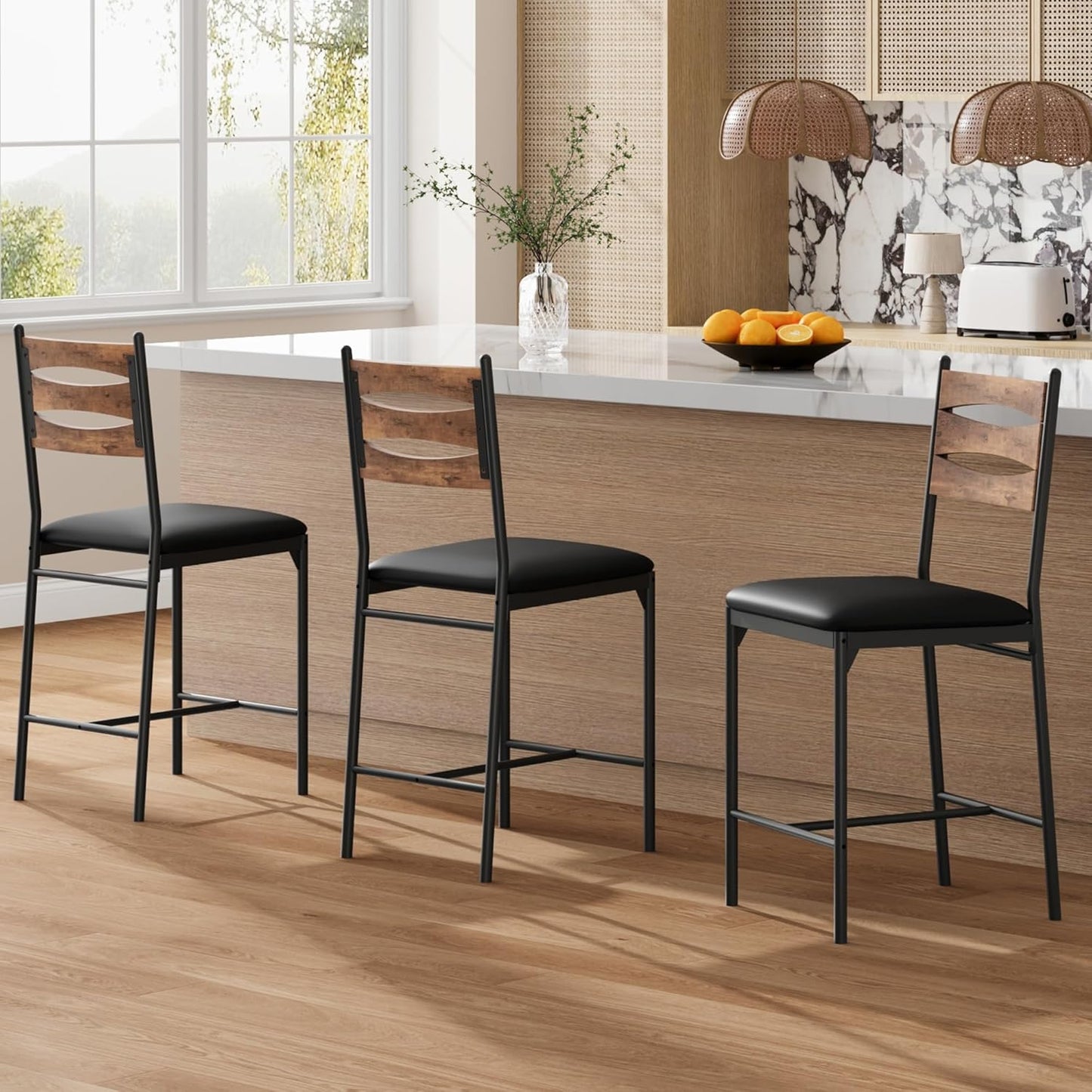GarveeHome Bar Stools Set of 2, Wooden Barstools, Faux Leather Upholstered Bar Chair with Back & Footrest & Thick Cushion, Counter Height Bar Stools for Kitchen Island Apartment, Brown