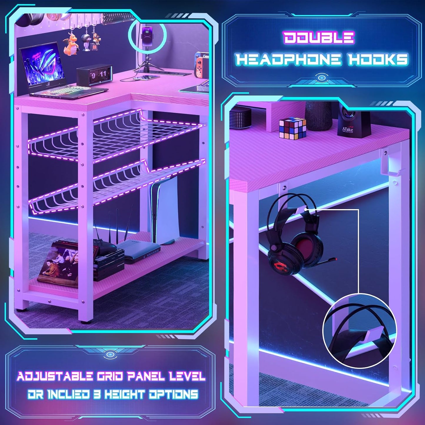 Homieasy Small Gaming Desk with Power Outlets Pegboard LED Light, 51 Inch L Shaped Computer Desk with Monitor Stand Storage Shelves, Reversible Corner Desk with Headset Hooks, Carbon Pink