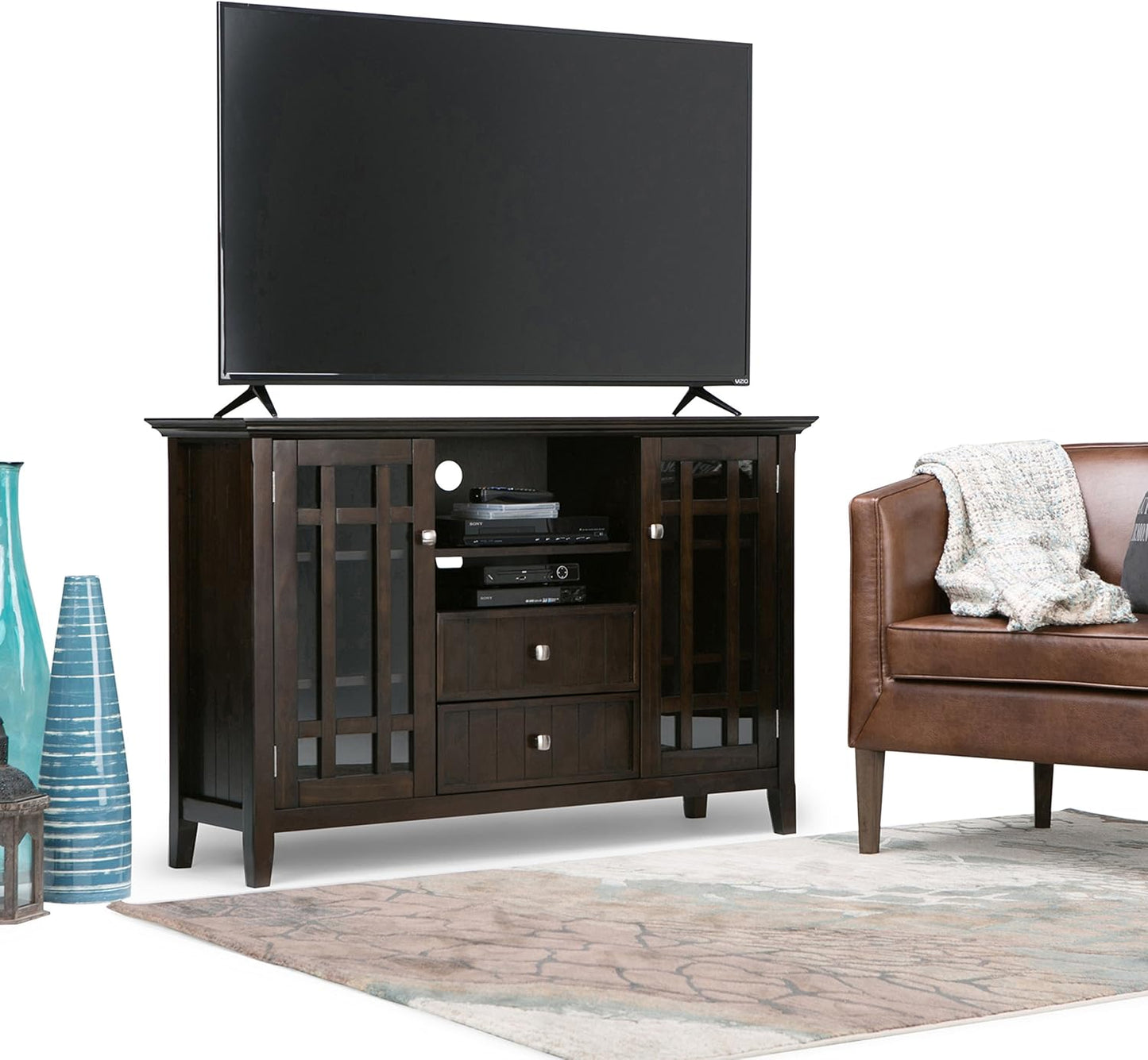 SIMPLIHOME Bedford SOLID WOOD 53 Inch Wide Transitional TV Media Stand in Dark Tobacco Brown for TVs up to 60 Inches, For the Living Room and Entertainment Center