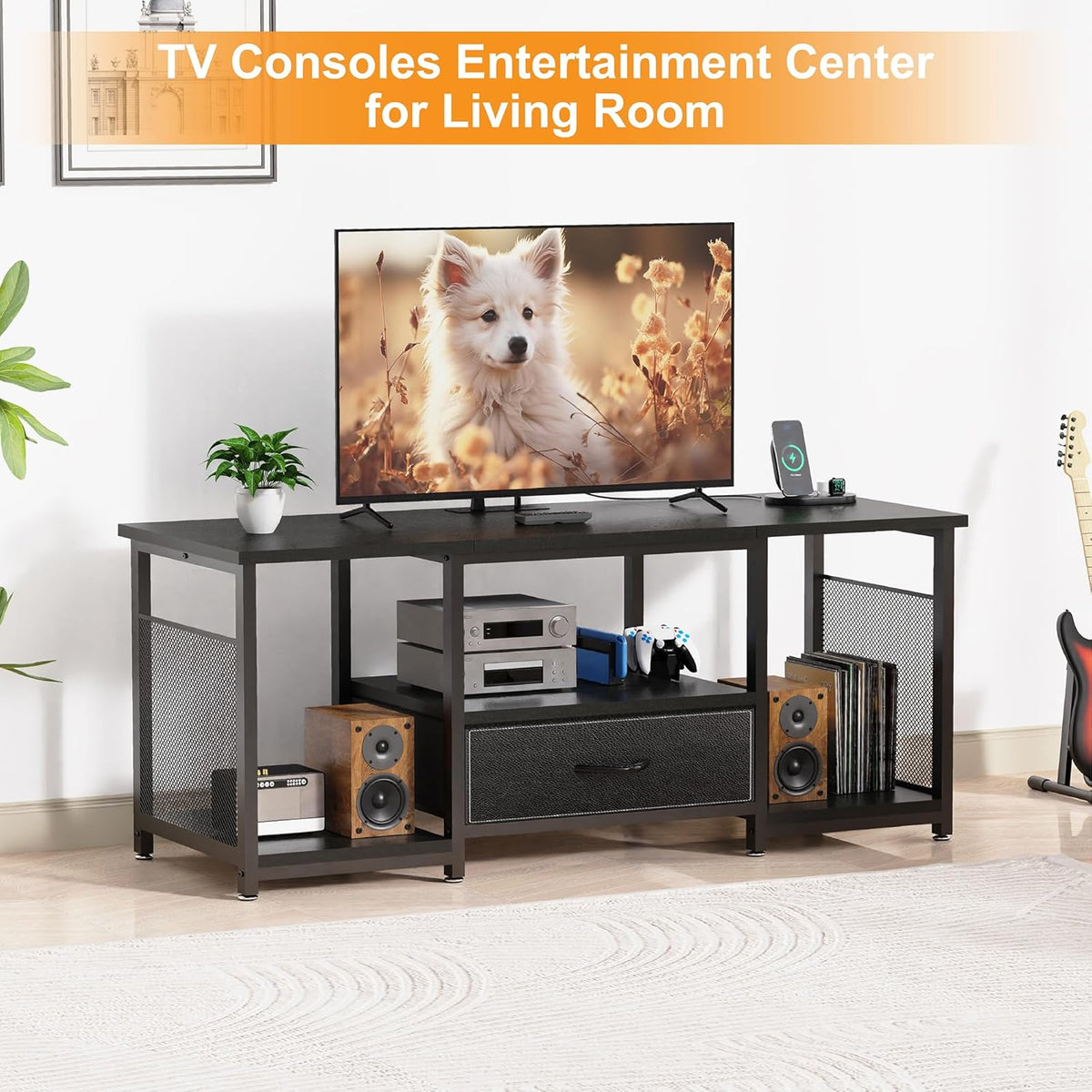 TV Stand with Drawers and Power Outlet for 65 60 55 Inch TV, Entertainment Center with Open Storage Shelves, Industrial Media TV Console Table for Living Room Bedroom Office, Black