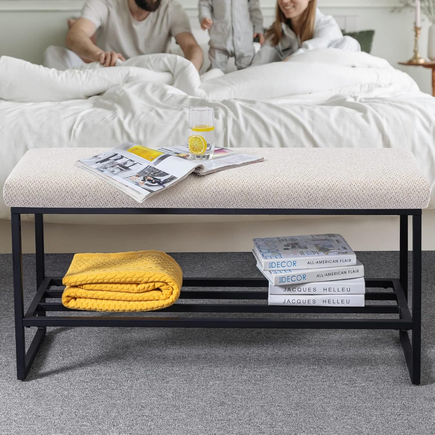 Zesthouse Upholstered Shoe Bench Entryway with Storage, Comfy Line Fabric Bench for Bedroom End of Bed, Metal Shoe Rack for Closet Hallway Doorway Living Room Mudroom, Beige