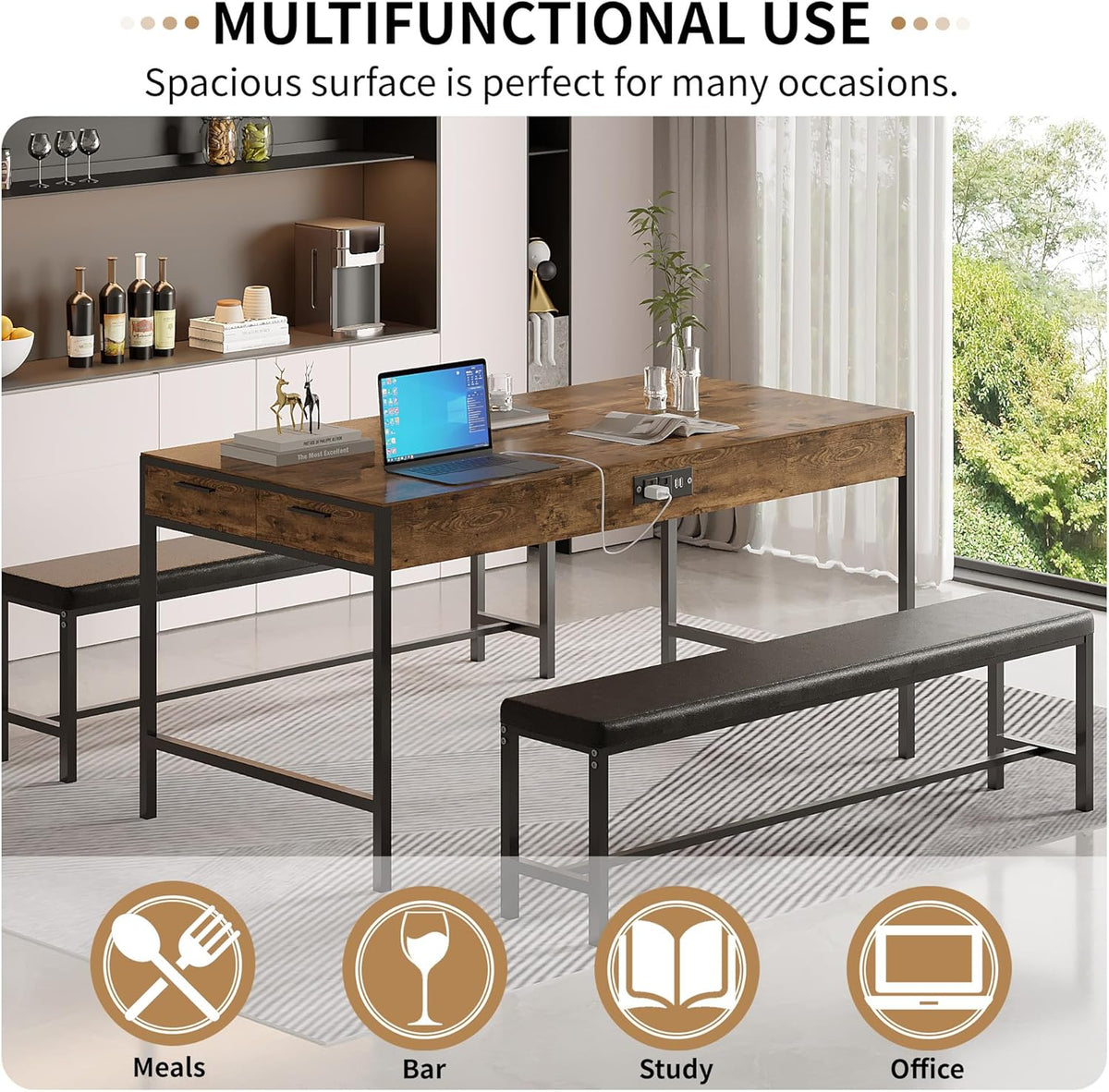 VECELO 65" Dining Table Set for 4-6, 3-Piece Kitchen Set with 2 Utensil Drawers, 2 Benches & Wine Rack, Space Saving & Heavy Duty, with Metal Frame & MDF Board, Rustic Brown