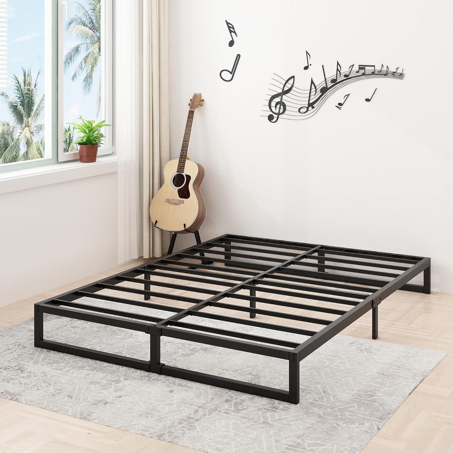 8 Inch Queen Bed Frame Heavy Duty Steel Slat Support Metal Queen Size Platform Bed Frame No Box Spring Needed, Easy Assembly, Black