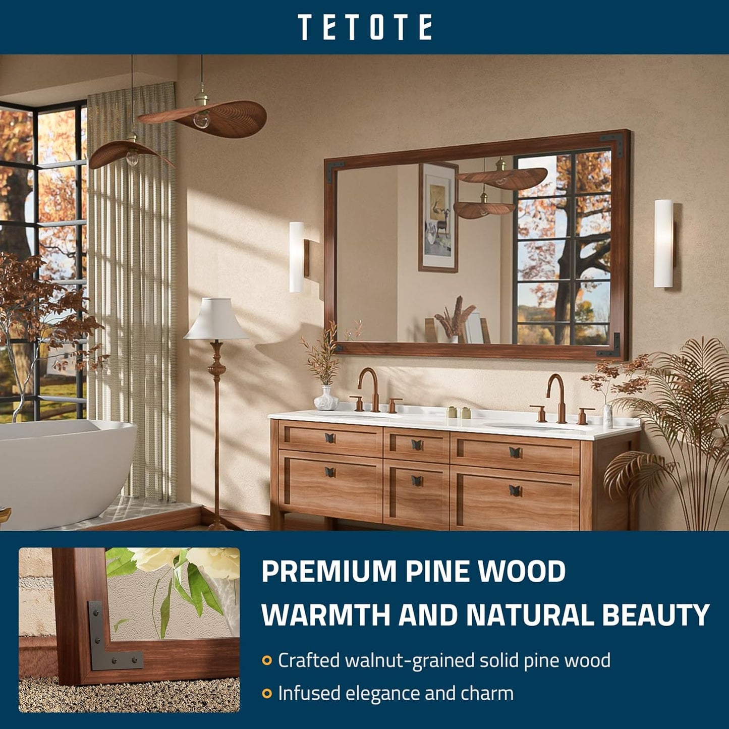 TETOTE 48 x 30 Walnut Wood Mirror for Bathroom Wall/Bedroom/Living Room/Entryway Farmhouse Rustic Wall Mirror Brown Waterproof (Horizontal/Vertical Mounted)