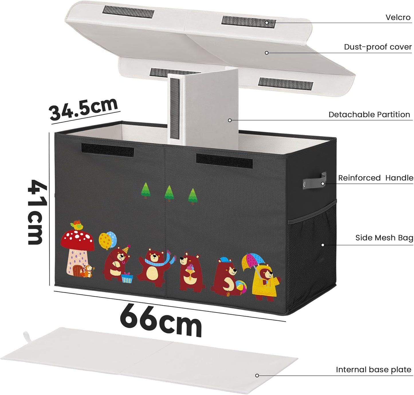 80L Large Toy Storage Box with Lid, Large Toy Box Chest for Kids, Girls and Boys, Nursery Room and Living Room, 26"x13" x16" (black-bear)