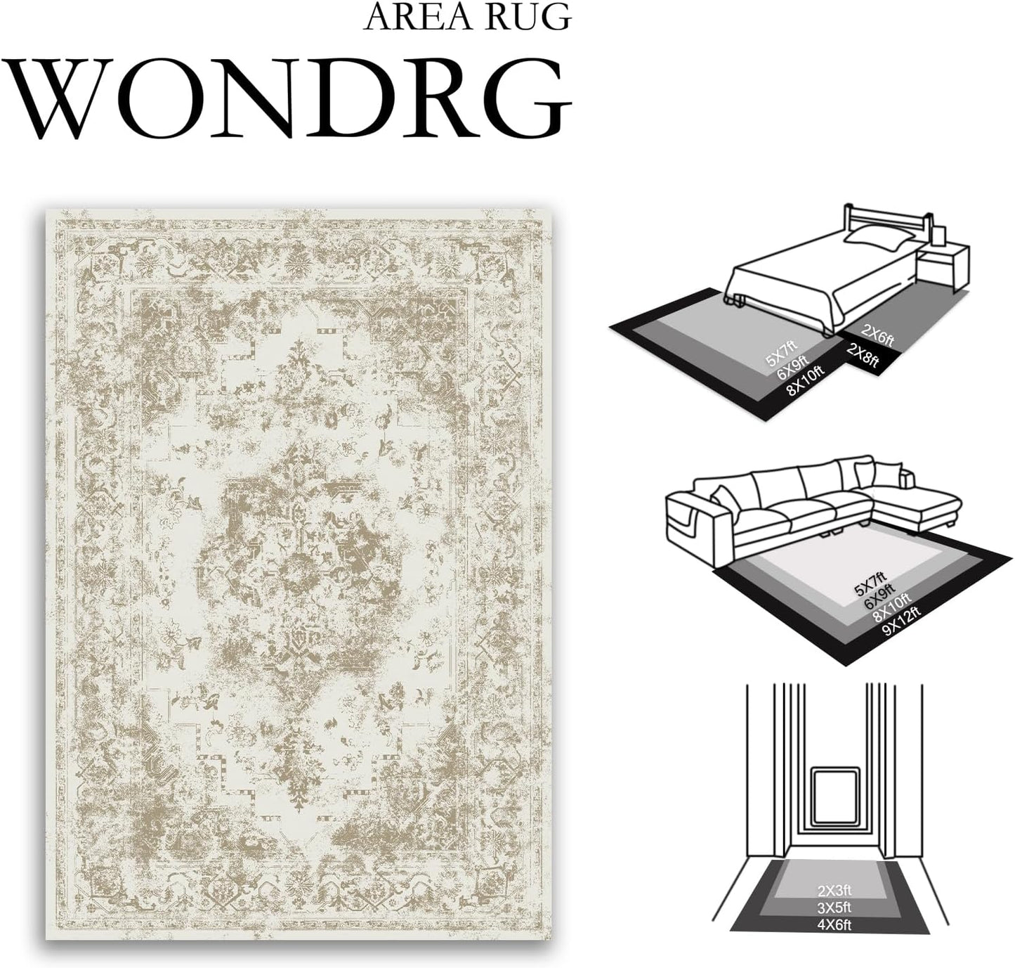 5x7 Washable Area Rug Brown Neutral Carpet for Living Room Bedroom Distressed Vintage Low Pile Soft Non-Slip Lightweight Vacuumable Throw Rug for Dining Room Office Kitchen Dorm