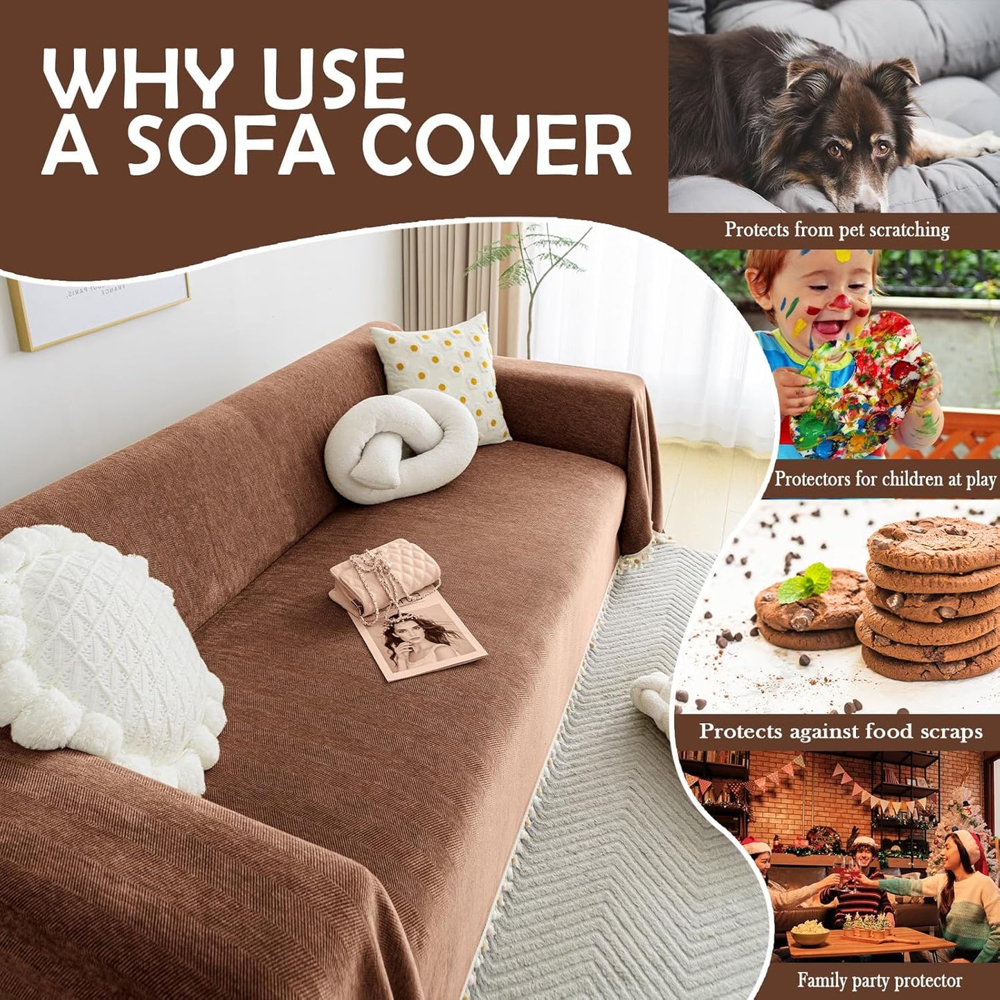HANDONTIME Boho Style Sofa Cover with Tassels, Washable & Non-Slip Couch Cover for 3 Cushion Sofa, Herringbone Pattern Pet-Friendly Sofa Slipcover, Chocolate Color, 71"x118", Living Room Decor