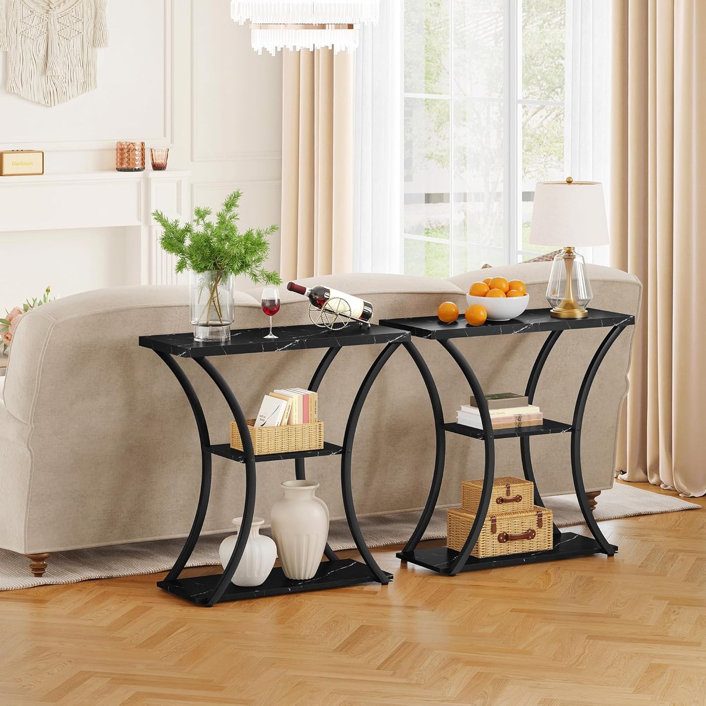 Hoctieon 3 Tier Console Table with Open Wood Shelves, Decorative Entryway Table with Curved Metal Frames, Narrow Sofa Table for Entrance, Living Room, Hallway, Black Marbled