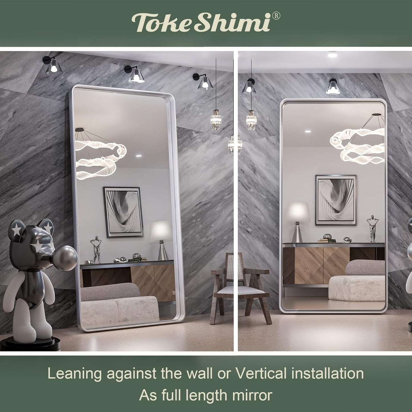 TokeShimi 72 x 36 Inch Brushed Silver Mirror Wall Mirror for Bathroom Black Metal Frame Decorative Rectangular Wall Mounted Home Decor Corner Hangs (Horizontal/Vertical)