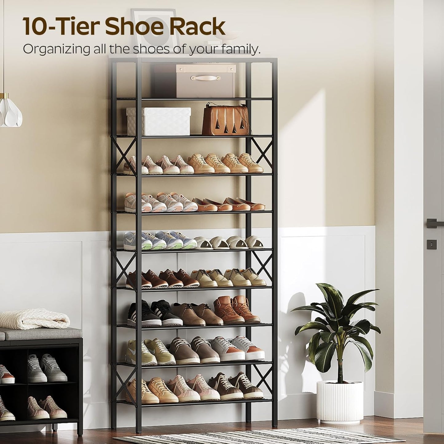 10 Tier Shoe Rack, Large Capacity Shoe Storage Organizer Holds 40 Pairs, Durable and Stable, for Entryway, Hallway, Closet, Dorm Room, Greige and Black SS10BG