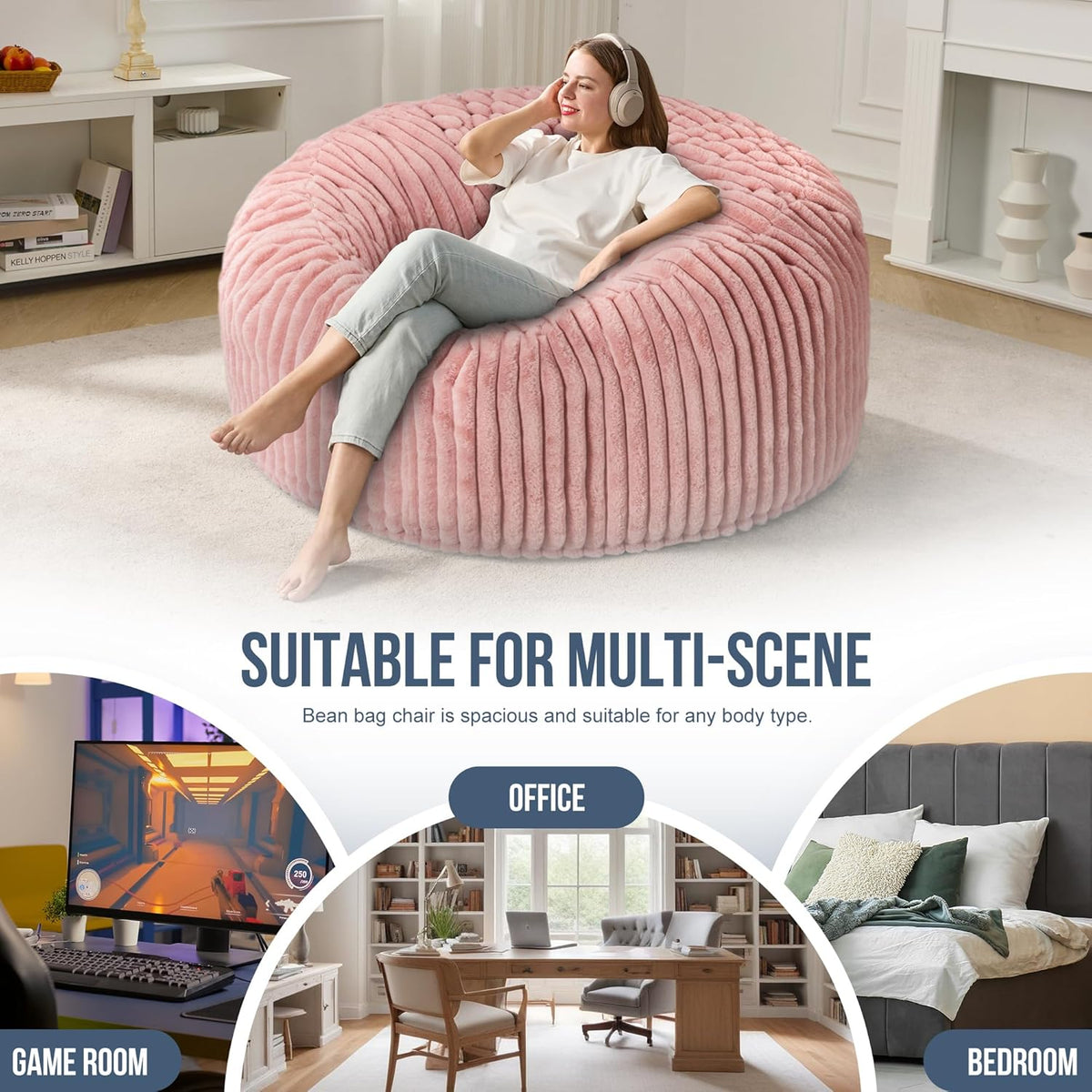 5ft Bean Bag Chairs for Adults Large Beanbag Chair with Stripe Plush Cover Big Bean Bag Chair for Living Room Bedroom Dorm Office