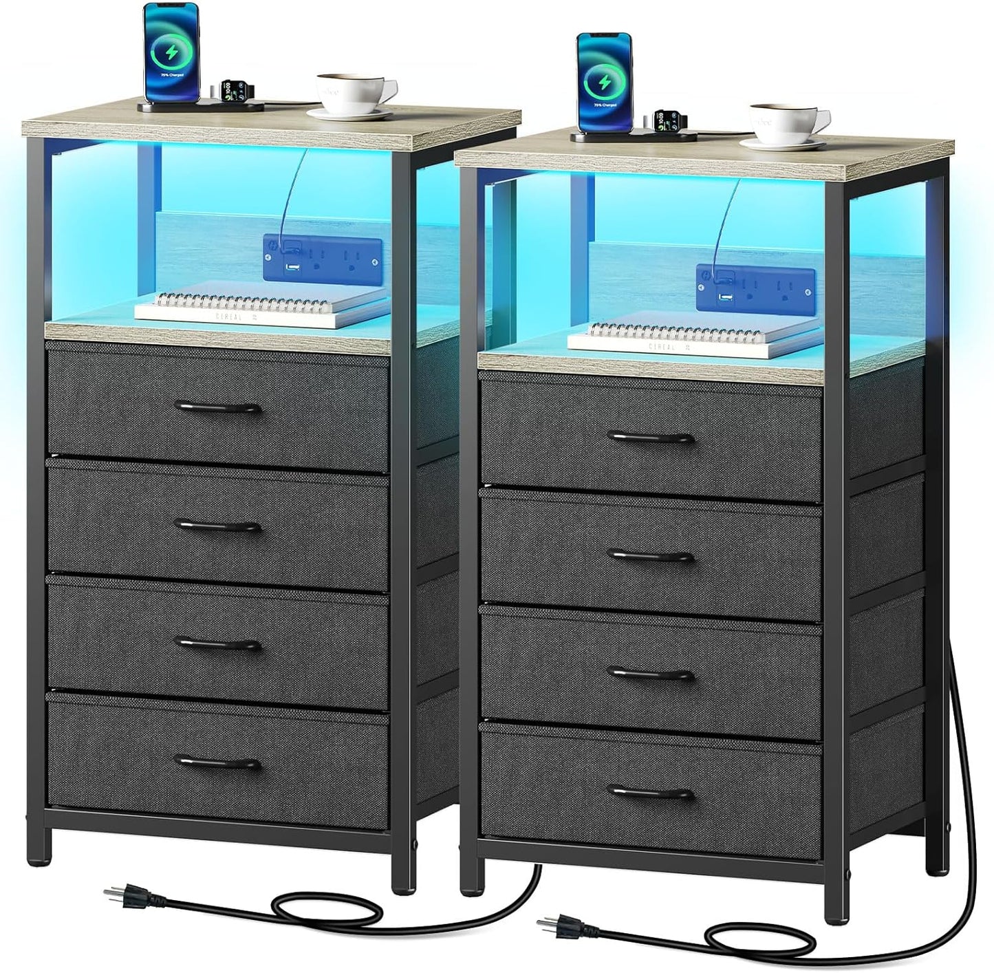 Seventable Night Stand with Charging Station, Tall Nightstand with 4 Fabric Storage Drawers, Side Table with LED Light for Bedroom, Entryway, Greige, Set of 2