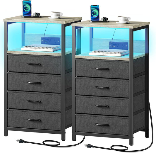 Seventable Night Stand with Charging Station, Tall Nightstand with 4 Fabric Storage Drawers, Side Table with LED Light for Bedroom, Entryway, Greige, Set of 2
