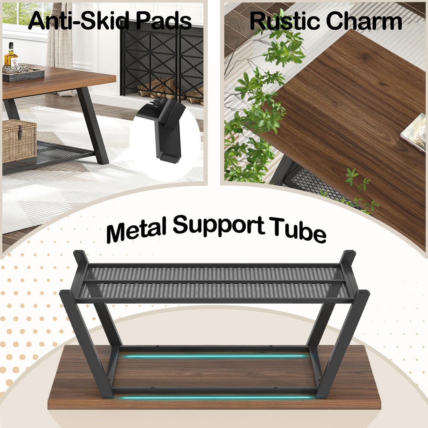 FOLUBAN Modern Coffee Table, Rustic Wood and Metal Center Table with Storage, Industrial Rectangle Cocktail Tea Table for Living Room, Walnut, 47 Inch