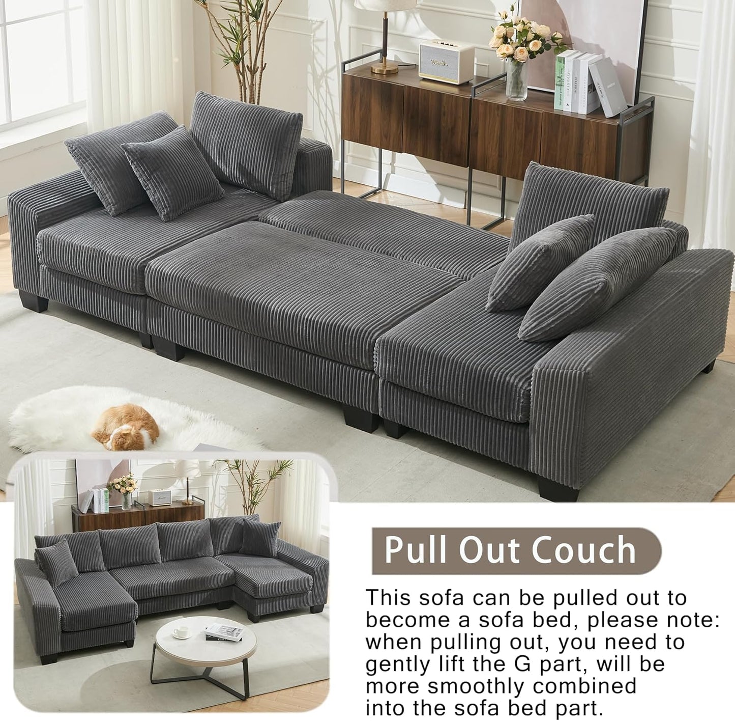 Symmetrical U Shaped Sectional Sofa Convertible Pull Out Sleeper Sofabed with Double Chaise Daybed , Corduroy Upholstered U Shaped Lounge Sofa Couch Bed w/ Throw Pillows for Living Room Apartment