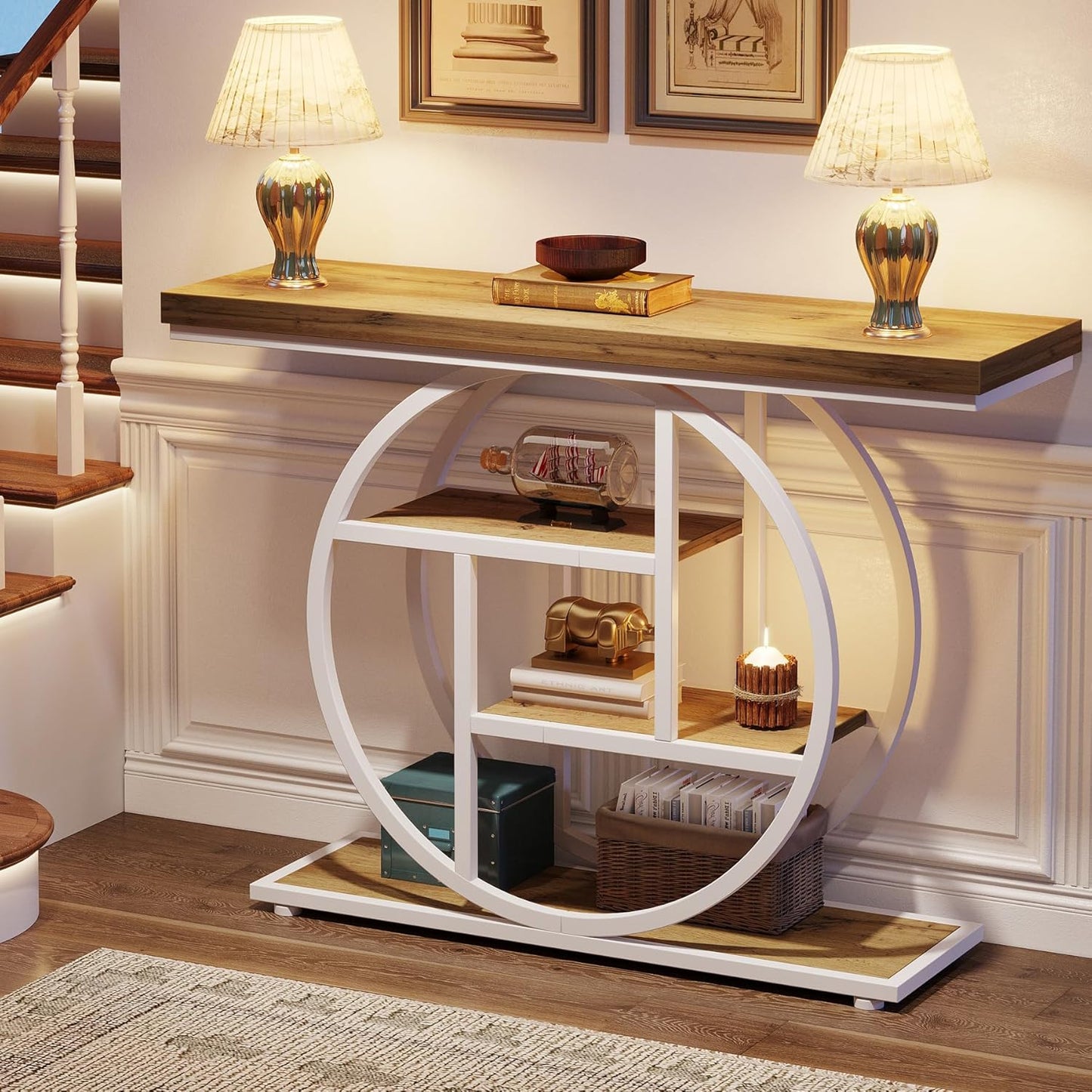 Tribesigns 41.3" Console Table, Industrial 4-Tier Sofa Table Entryway Table with Circle Base, Narrow Wood Accent Tables with Storage Shelves for Living Room, Hallway, Foyer, Brown White
