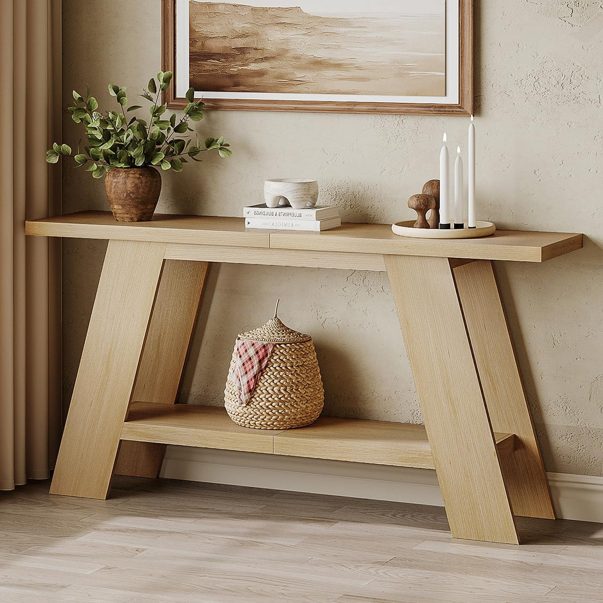 Treocho 63 Inch Long Console Tables for Entryway, 2-Tier Modern Wood Sofa Table with Shelf Behind Couch, Contemporary Narrow Entryway Table for Living Room, Hallway, Entrance, Hallway, Entrance, Oak