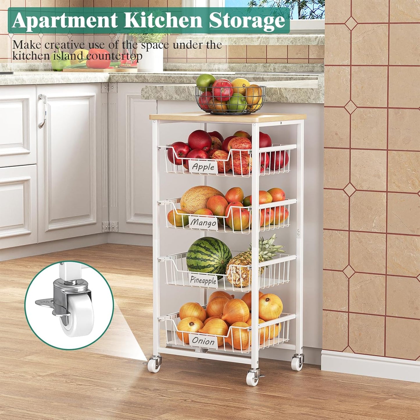 Fruit Vegetable Basket for Kitchen Pantry Storage Organizer, 5-Tier Metal Utility Kitchen Rolling Cart on Wheels with Drawer Rack and Wood Top for Potatoes Onions