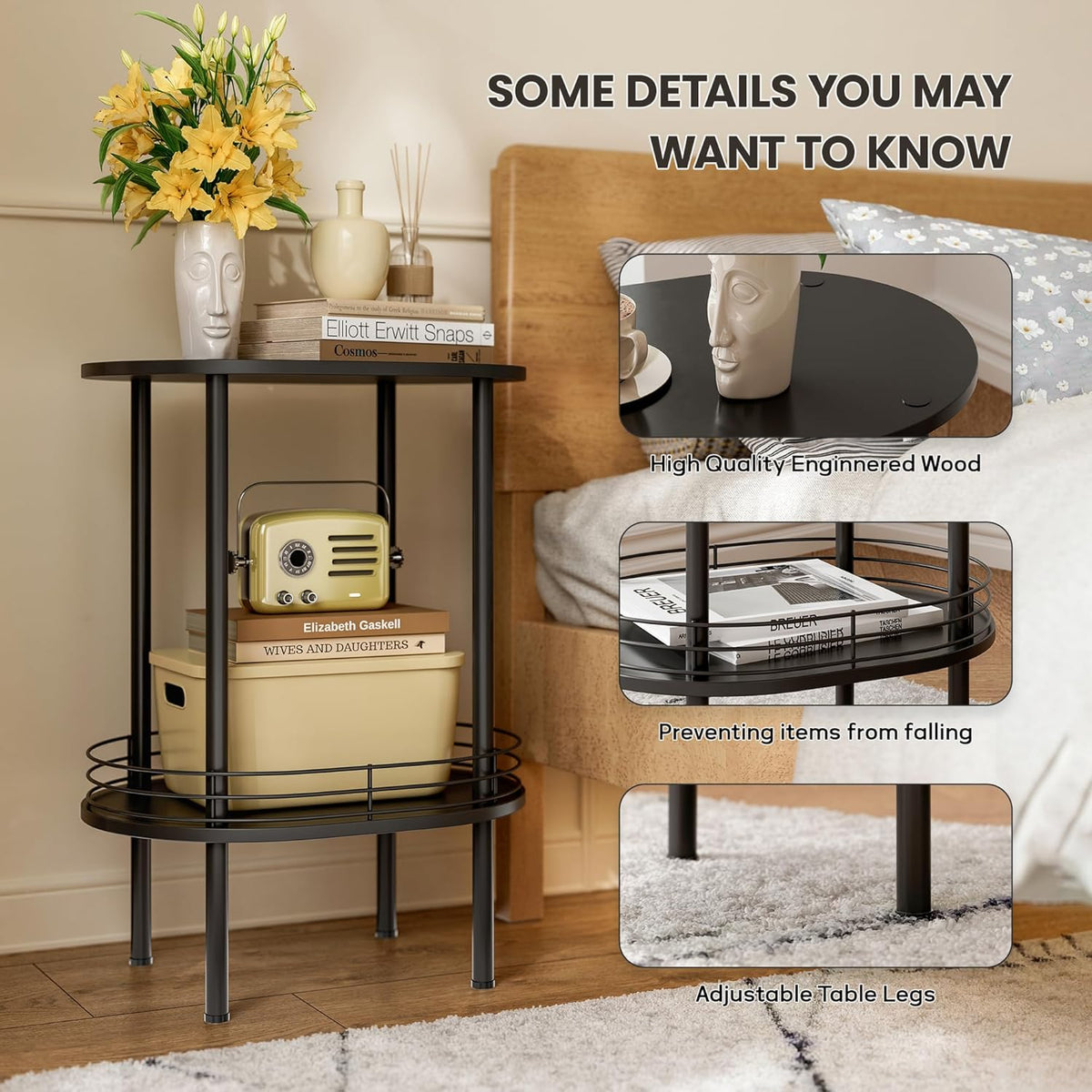 Small Round Side Table,Bedside Table with Storage, Morden Round Nightstand, Samll Side Table for Living Room，Bathroom，Bedroom, Nursery, Laundry, Black