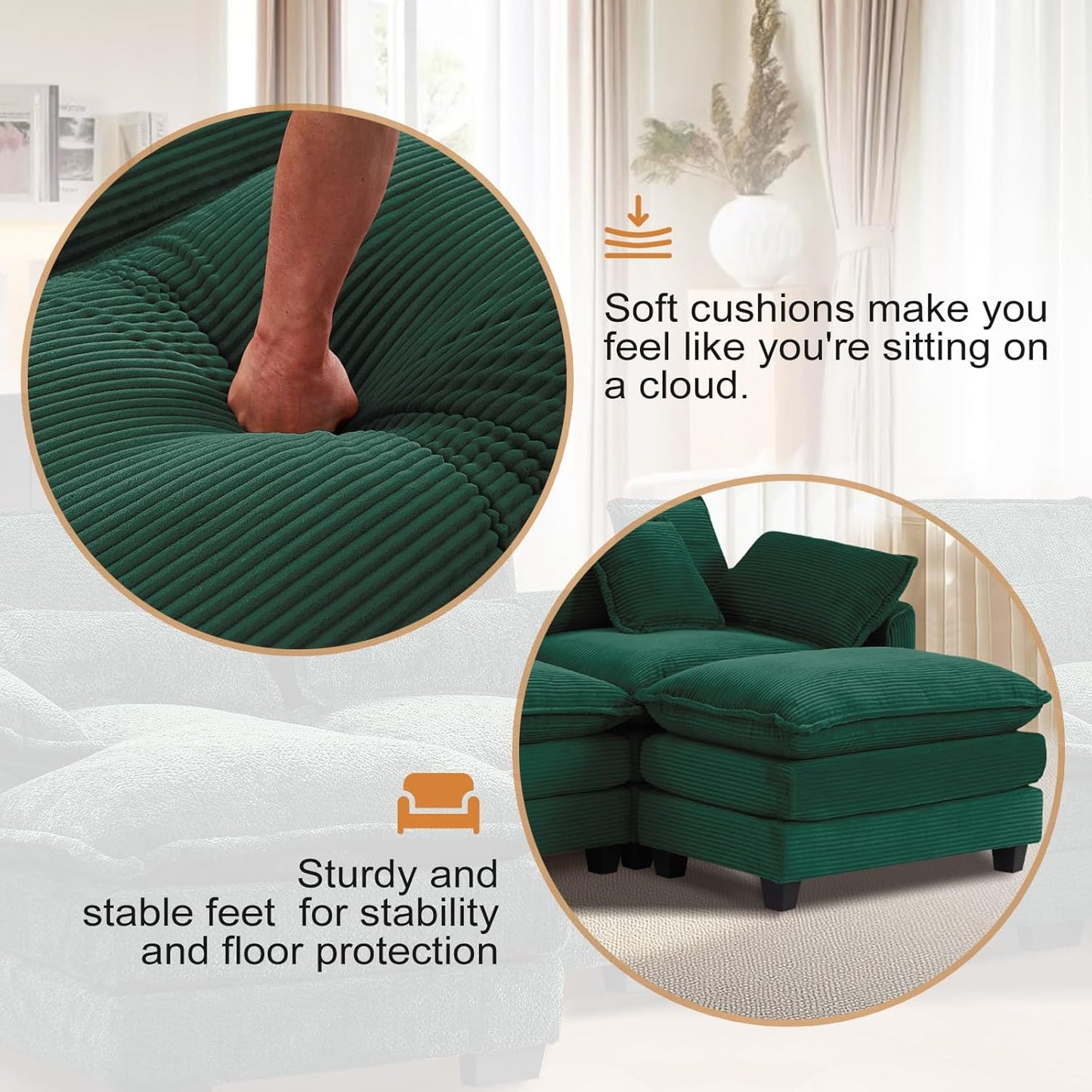 Furniliving 117‘’ L-Shaped Sofa, Luxury Corduroy Modular Sectional Couches with Ottoman, Upholstered Deep Seat Sleeper Sofa with Memory Foam and Waist Pillows, Green