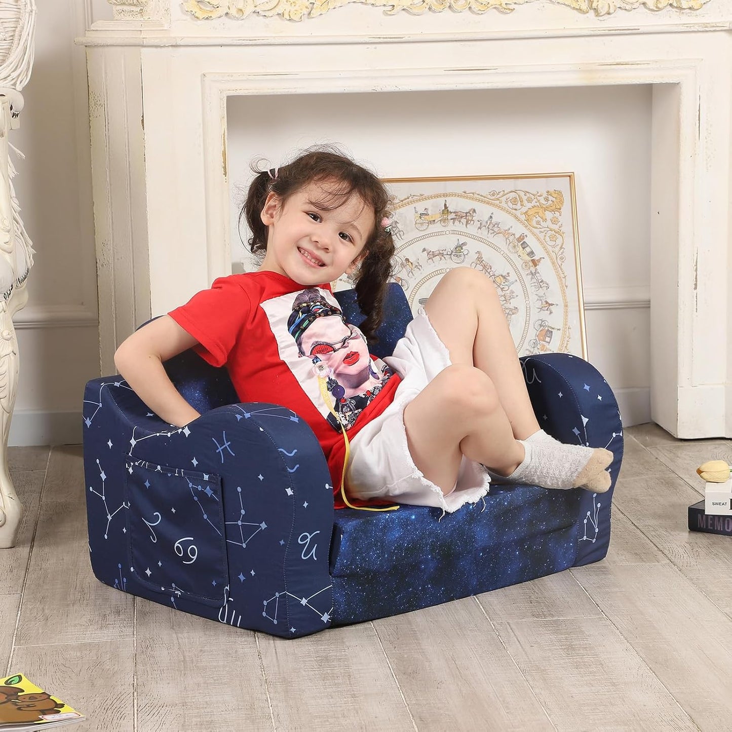 Constellation Kids Sofa, 2-in-1 Kids Couch Fold Out, Convertible Sofa to Bed for Girls and Boys