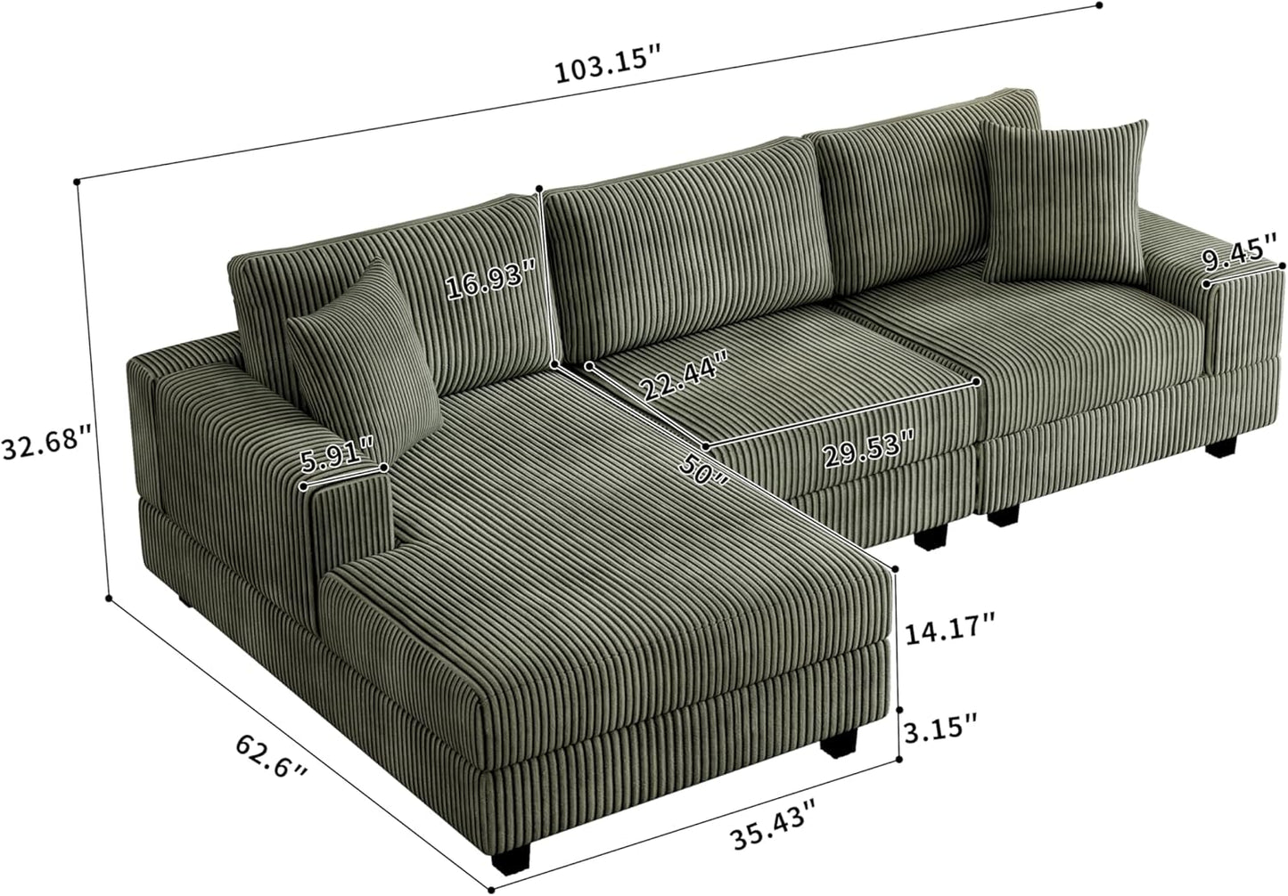 Eafurn Convertible L Shaped Modular Sectional Sofa Couch, 5 Seater Corduroy Upholstered Corner Sofa Lounge Couch with Extra Wide Reversible Chaise Lounge and Headrest for Living Room