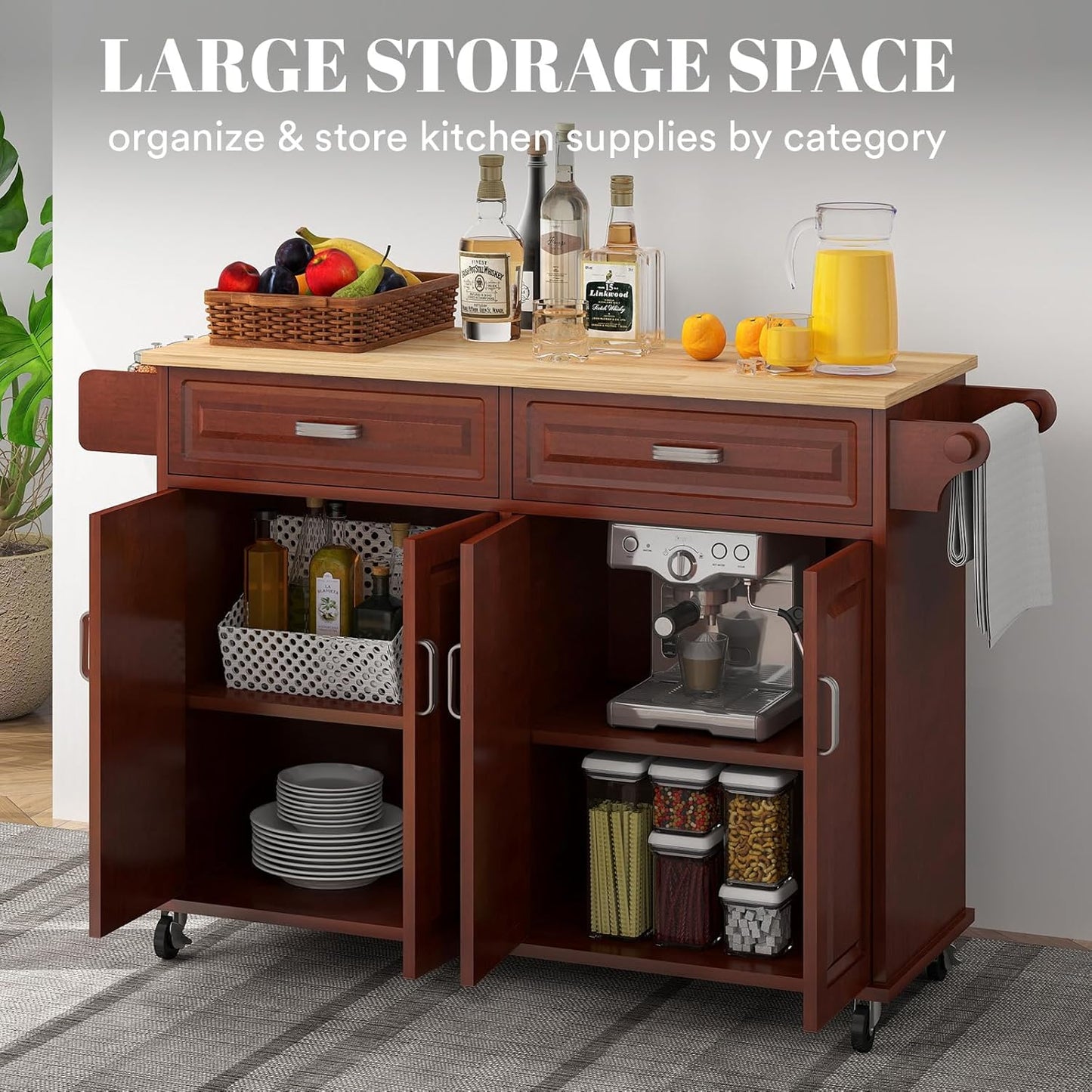 Rovibek Kitchen Island On Wheels Rolling Islands with Storage & Drawers Cabinet Spice Rack Towel Rack, Brown