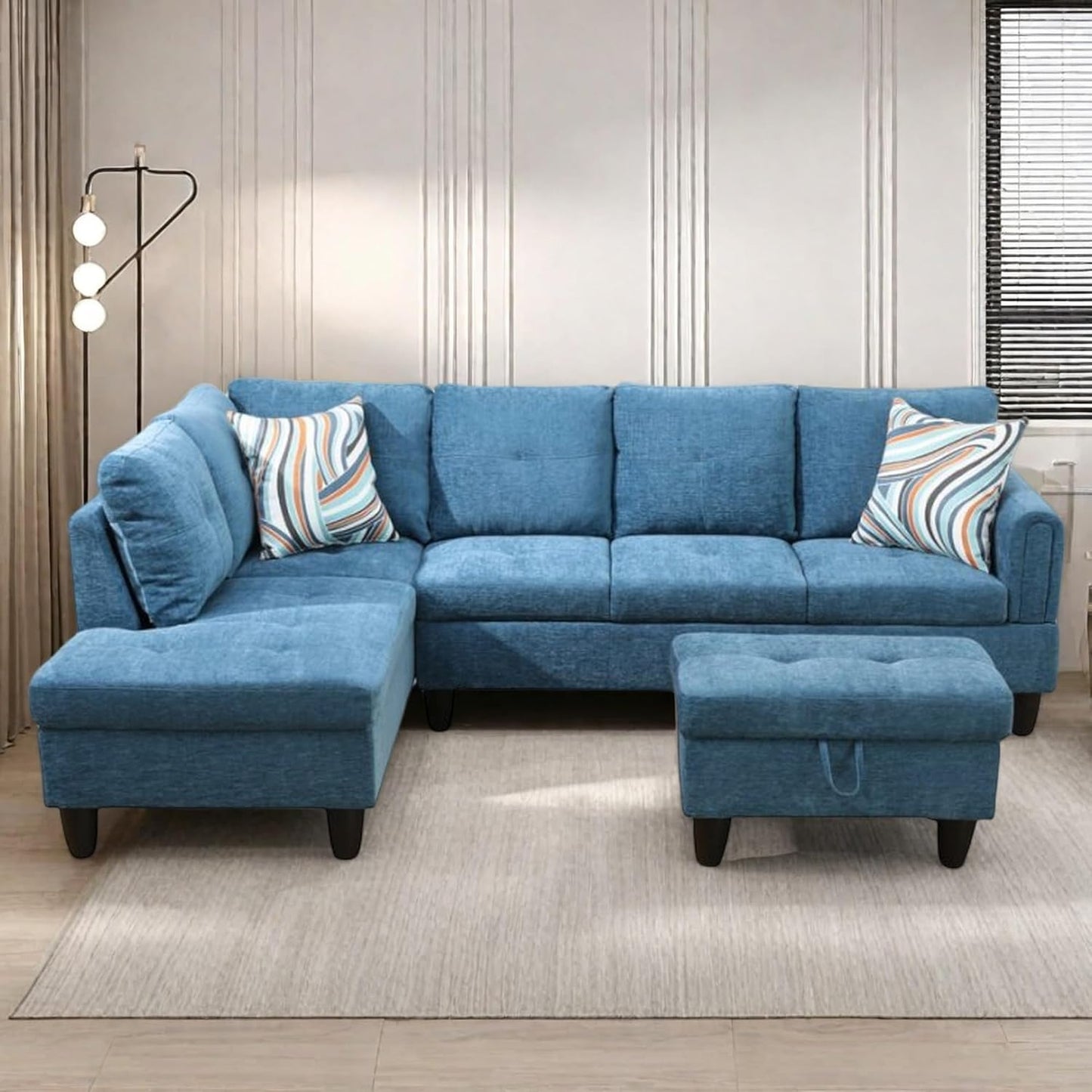 Osparple L Shaped Couch Sectional Couches for Living Room Upholstered Flannel 3 Pieces Modular Sectional Sofa with Chaise, Ottoman with Storage for Living Room and Small Apartment, Blue