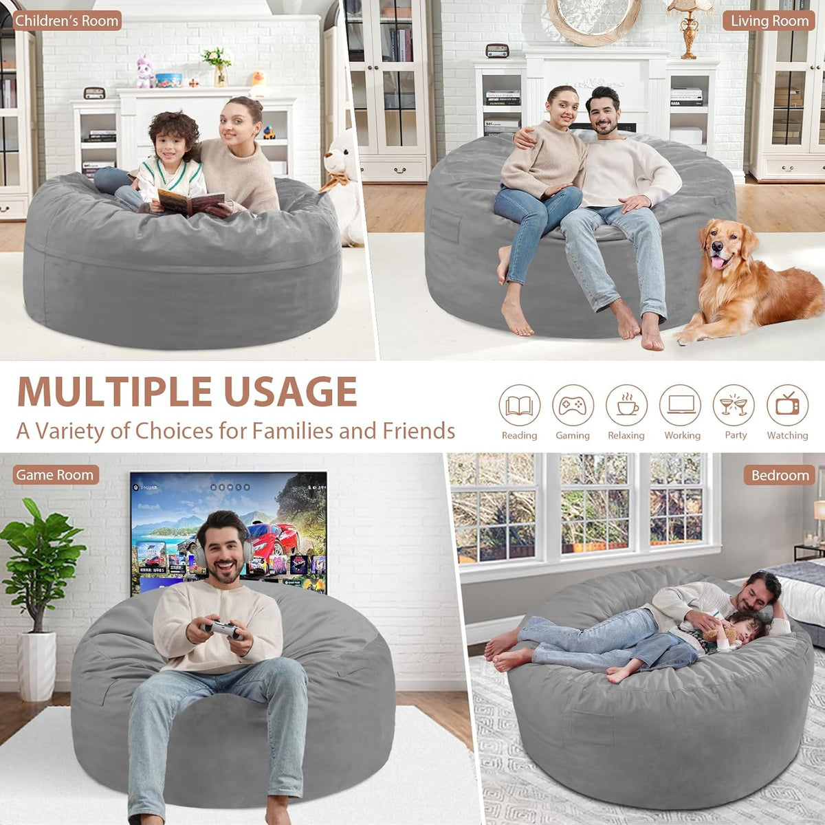 4FT Bean Bag Chair, Large Bean Bag Chairs with Memory Foam Filled, Fluffy Beanbag Sofa with Dutch Velvet Cover, Round BeanBag Chairs for Living Room, Playroom - Light Grey