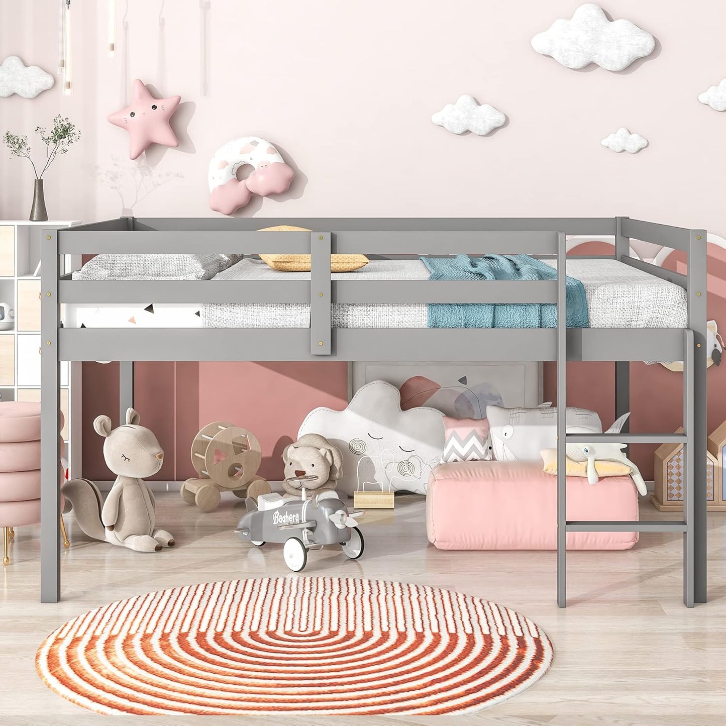 HomSof Full Loft Bed with Guard Rail & Ladder,No Box Spring Needed,Easy Assembly,Grey