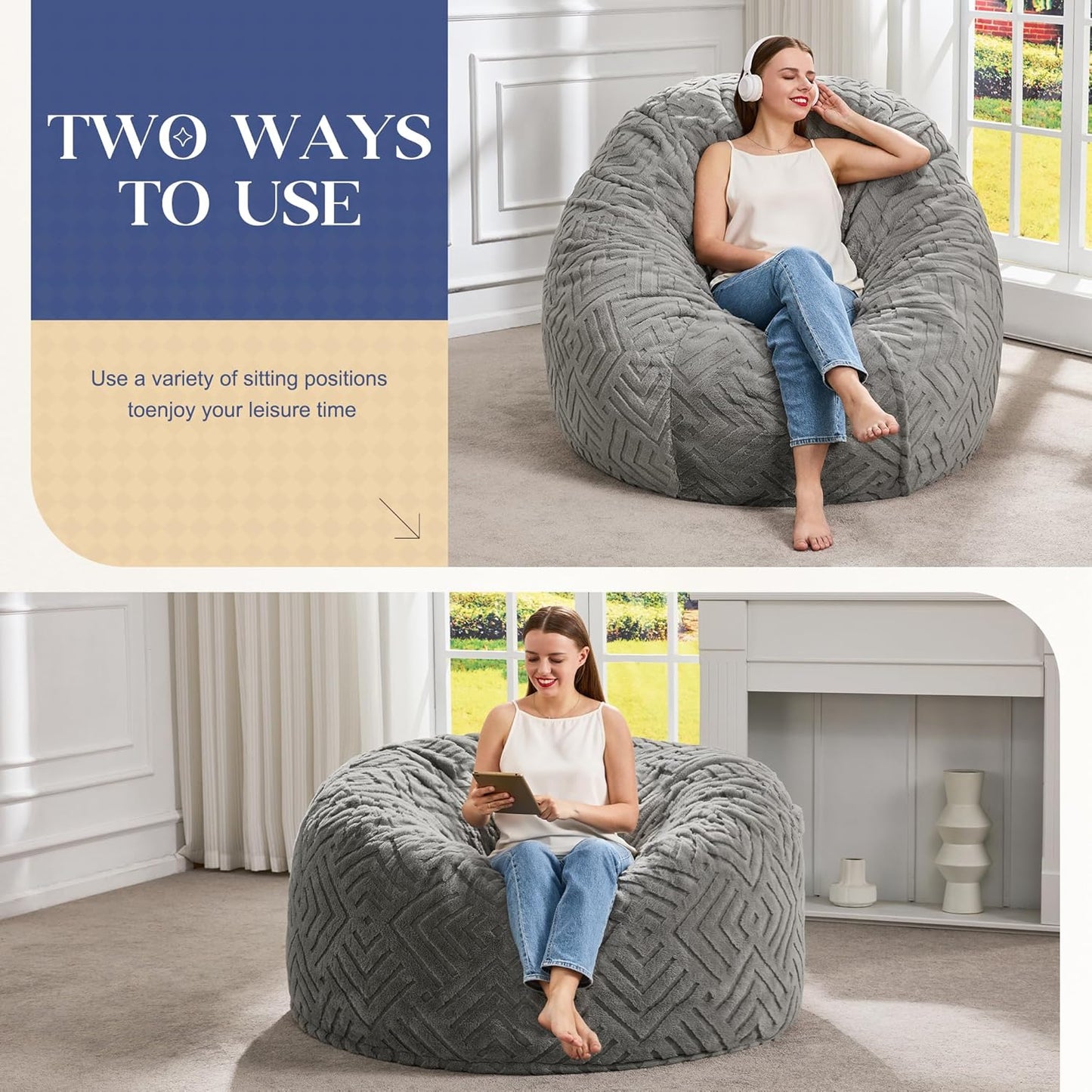 Hobestluk Bean Bag Chairs Adults Beanbag Chair with Filler Large Bean Bags with Fluffy Embossed Cover, Giant Bean Bag Chairs for Adults (Grey, 4FT - 44” x 44” x 24”)