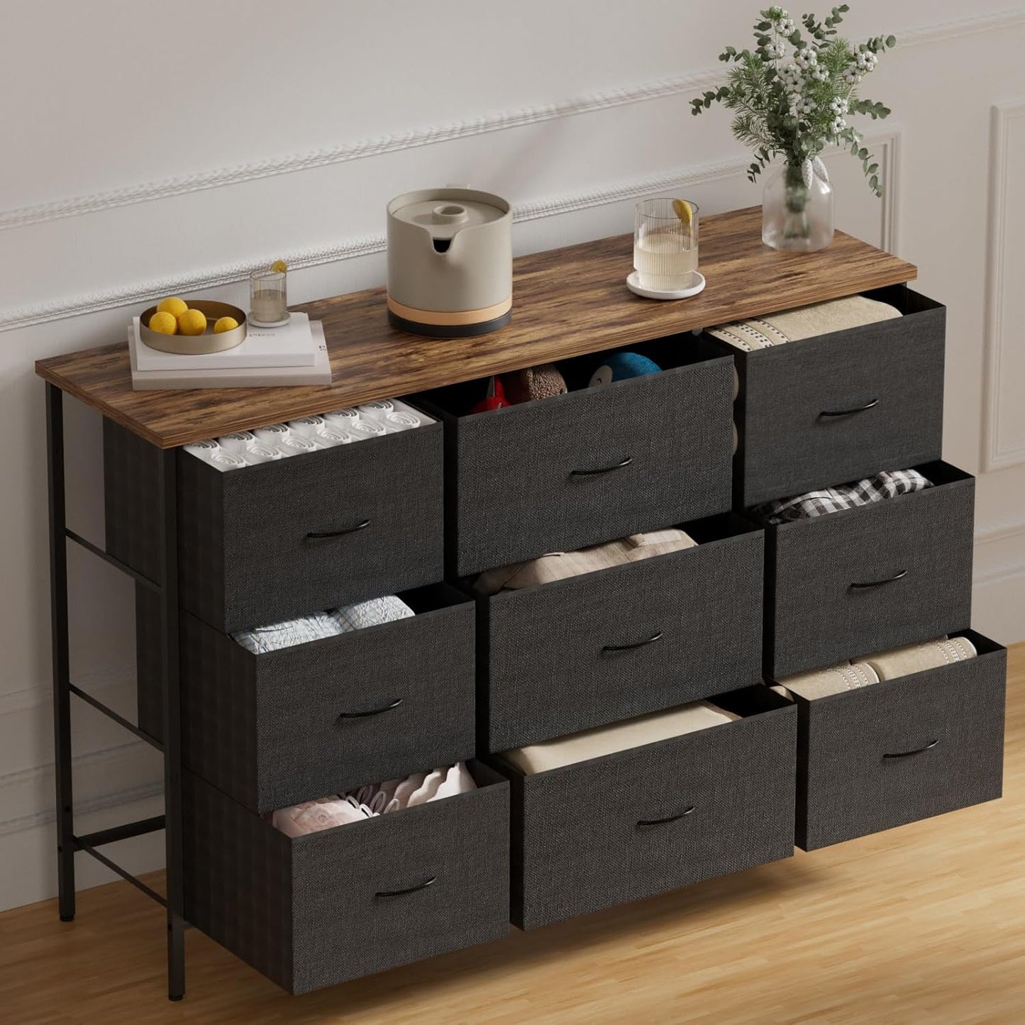Wide TV Stand for Bedroom, Dresser with 9 Deep Drawers, Fabric Storage Cabinet, Modern Chest of Drawers for Closet, Nursery, Living Room（Black）