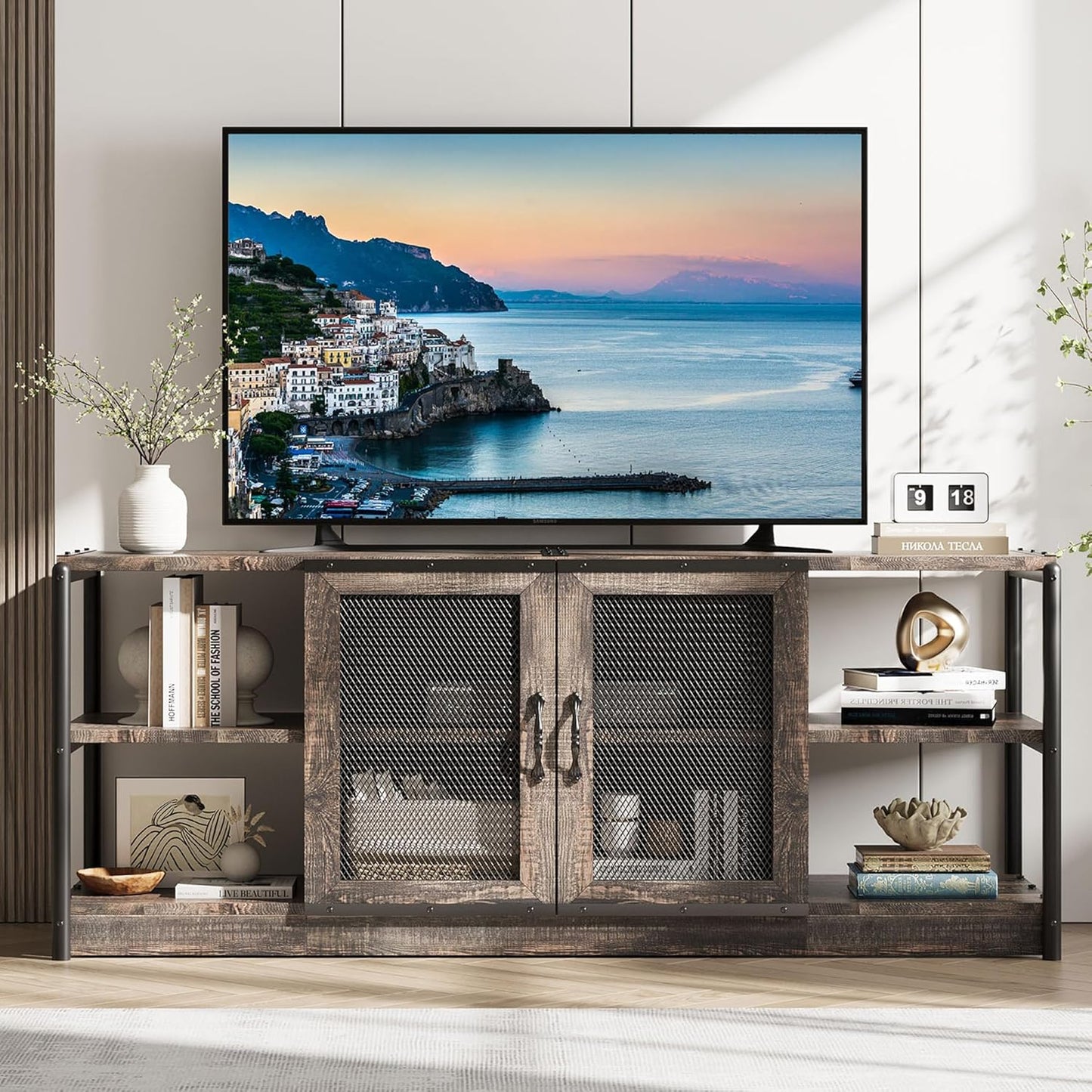 GarveeHome Farmhouse TV Stand for 65/75 inch TV, Entertainment Center with Storage Cabinet, Industrial TV Console Cabinet with Mesh Doors, 63" Rustic TV Media Console Table for Living Room, Oak