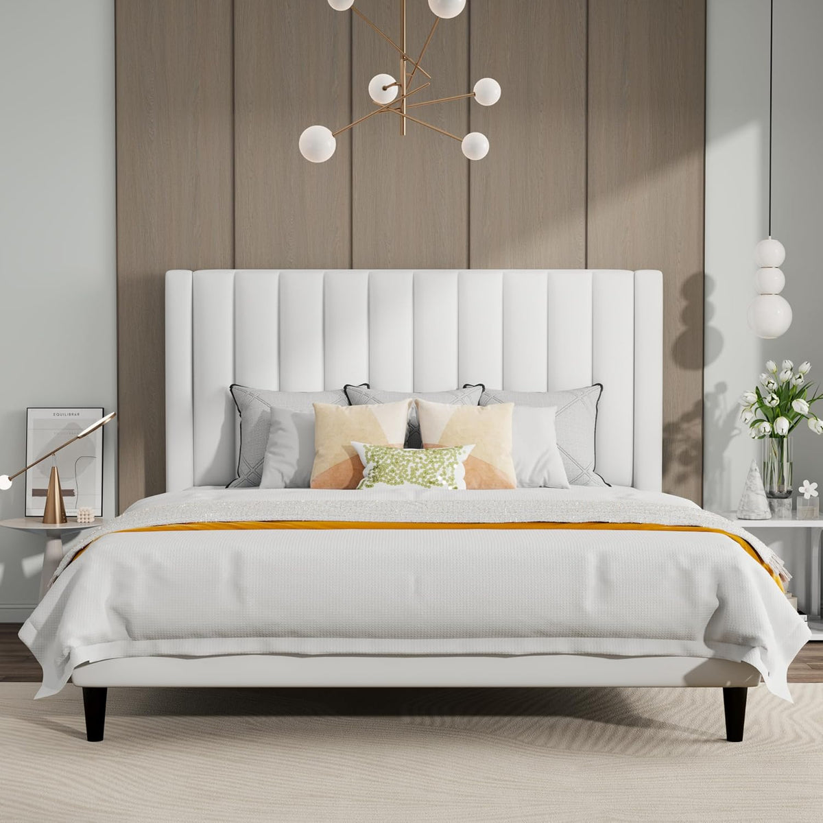 SHA CERLIN King Bed Frame/Velvet Upholstered Platform Bed Frame with Headboard/Strong Wood Slats Support/Mattress Foundation/No Box Spring Needed/Easy Assembly/White