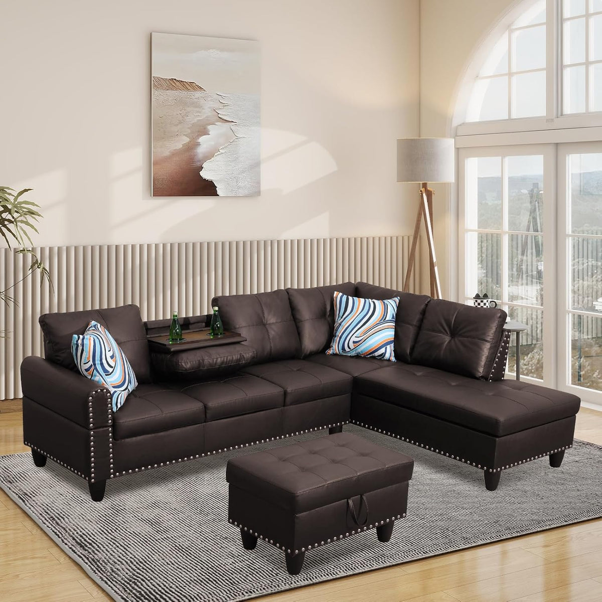 L Shaped Modular Sectional Sofa with Reversible Chaise Lounge, 5-Seater Corner Couch, PU Leather Convertible Sofá w/Movable Ottoman, Cup Holders, 2 Pillows and Rivet Ornament for Living Room