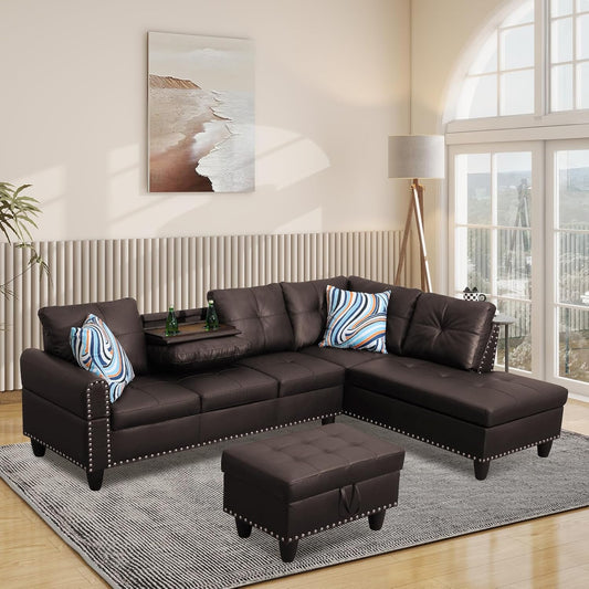 L Shaped Modular Sectional Sofa with Reversible Chaise Lounge, 5-Seater Corner Couch, PU Leather Convertible Sofá w/Movable Ottoman, Cup Holders, 2 Pillows and Rivet Ornament for Living Room