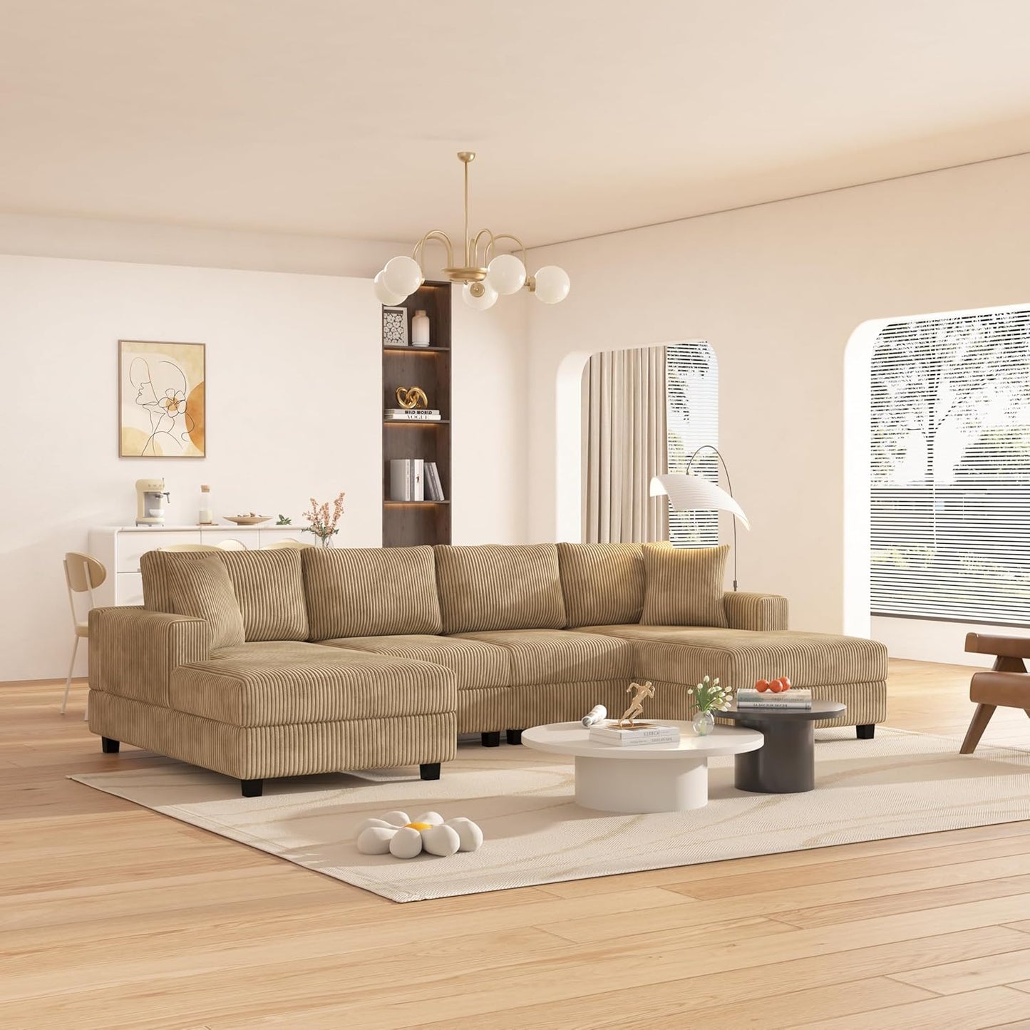 Oversized Symmetrical U Shaped Modular Sectional Sofa with Double Chaise Lounge , Reversible Corduroy Upholstered Sofa Extra Wide Deep Seat Sleeper Sofas Couches w/ 2 Pillows for Living Room Apartment