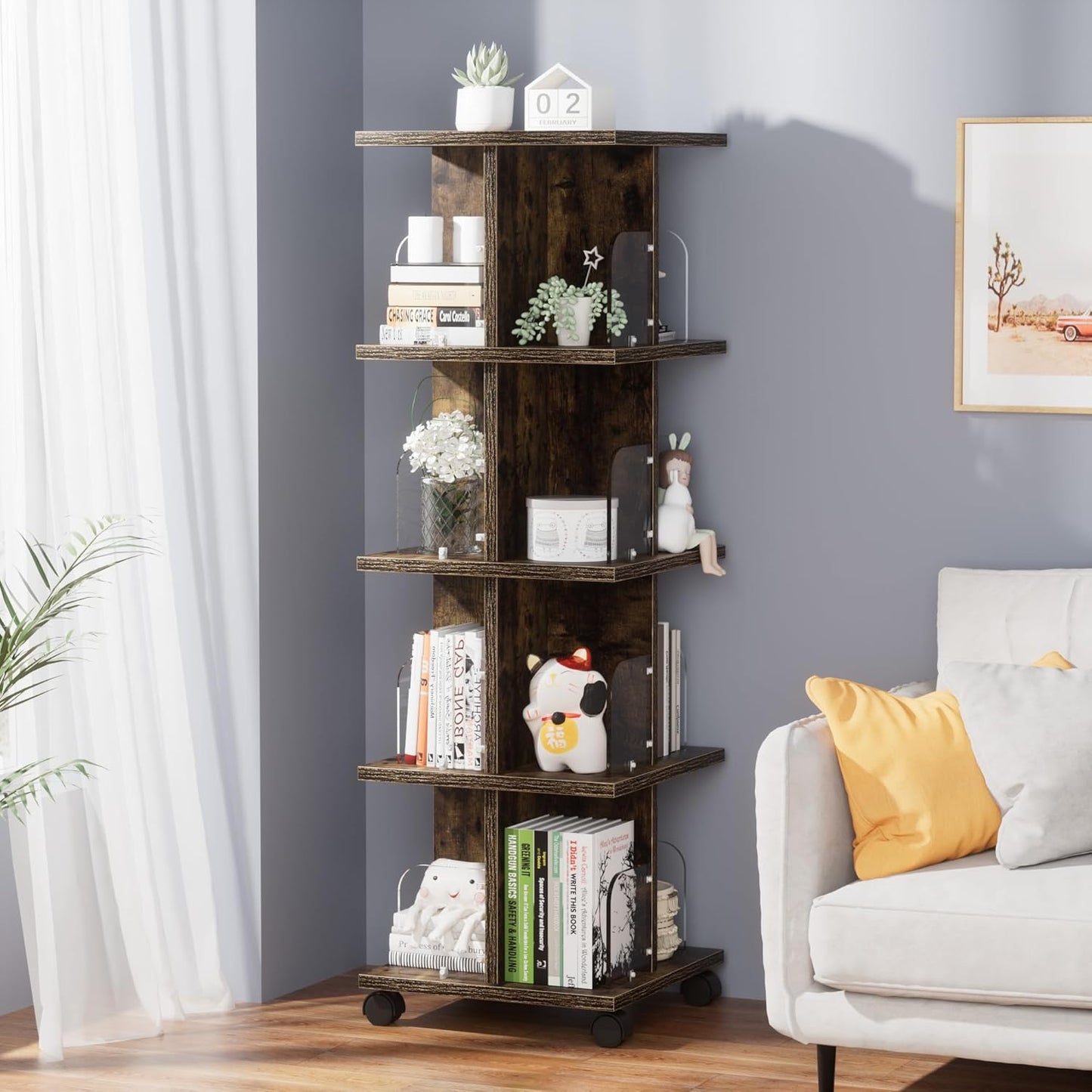 VECELO Rotating Bookshelf with Brake Wheels, 4 Tier Revolving Bookcase, 360° Corner Display Shelf for Kids, Narrow Rolling Bookshelves for Small Space, Corner, Bedroom, Office, Brown