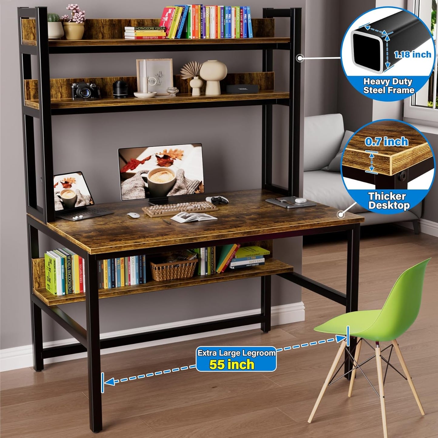 Aquzee Computer Desk with Hutch Bookshelves, 55 Inch Home Office Writing Desk with Space Saving Design, Gaming Table Organized Desk with Storage Shelves Bookshelf Easy Assemble, Rustic Brown